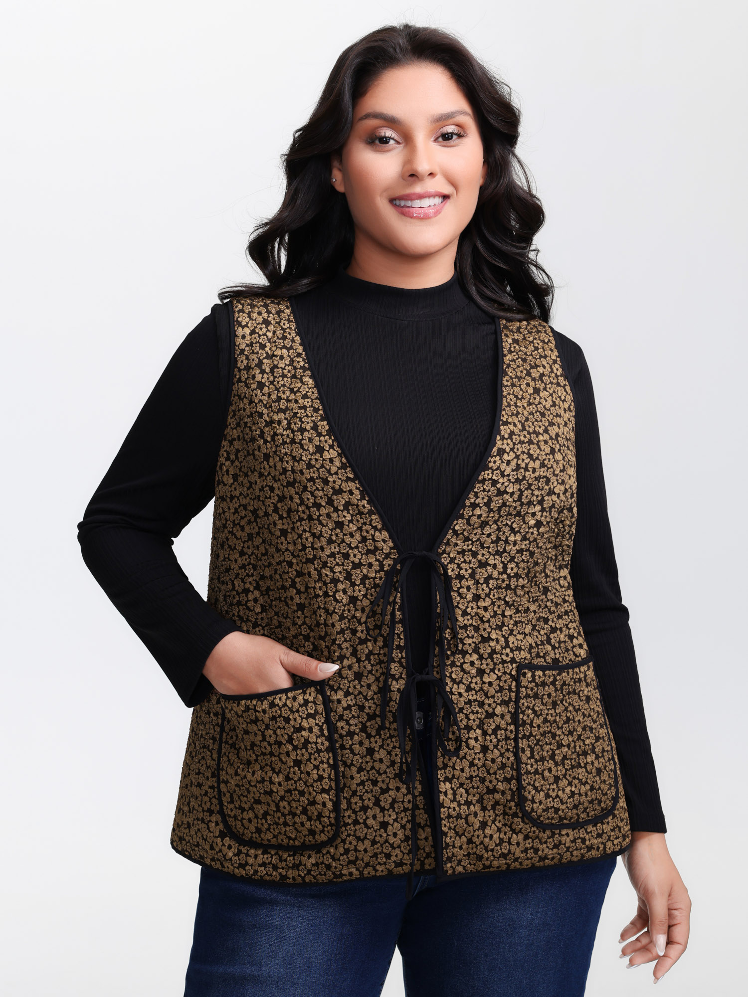 BloomChic Women's Plus Size Floral Print Three Ties Quilted Vest DarkBrown Colorblock 10/M-image-47442674811050