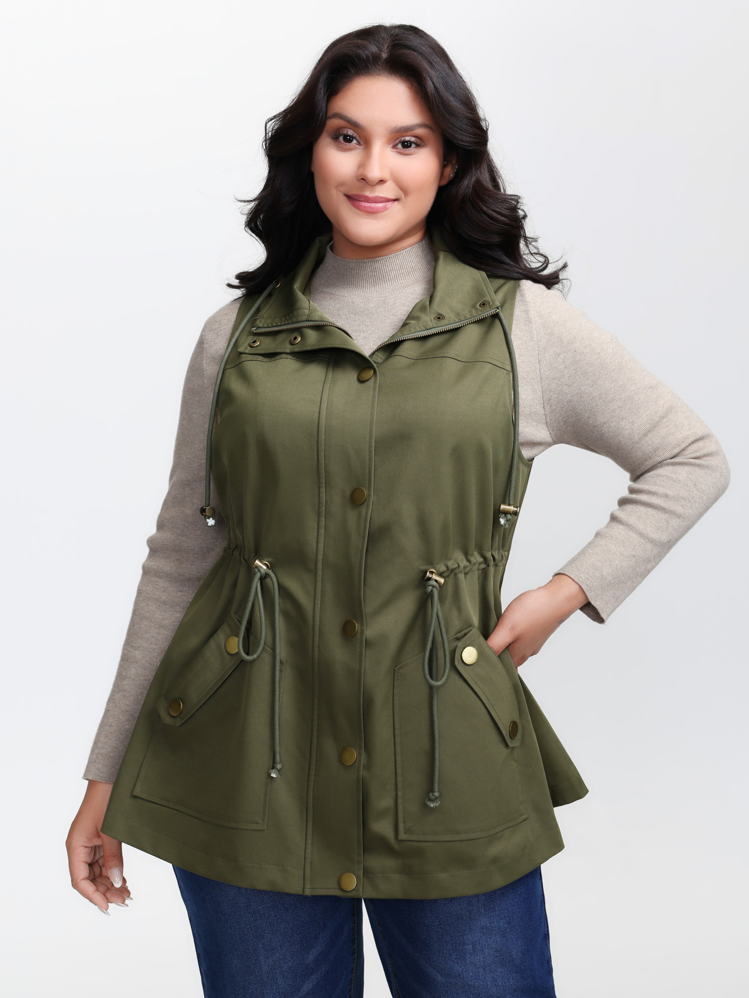 BloomChic Women's Plus Size Channel-Drawstring Pockets Hooded Vest ArmyGreen Drawstring 14-16/1X-image-47413989834922