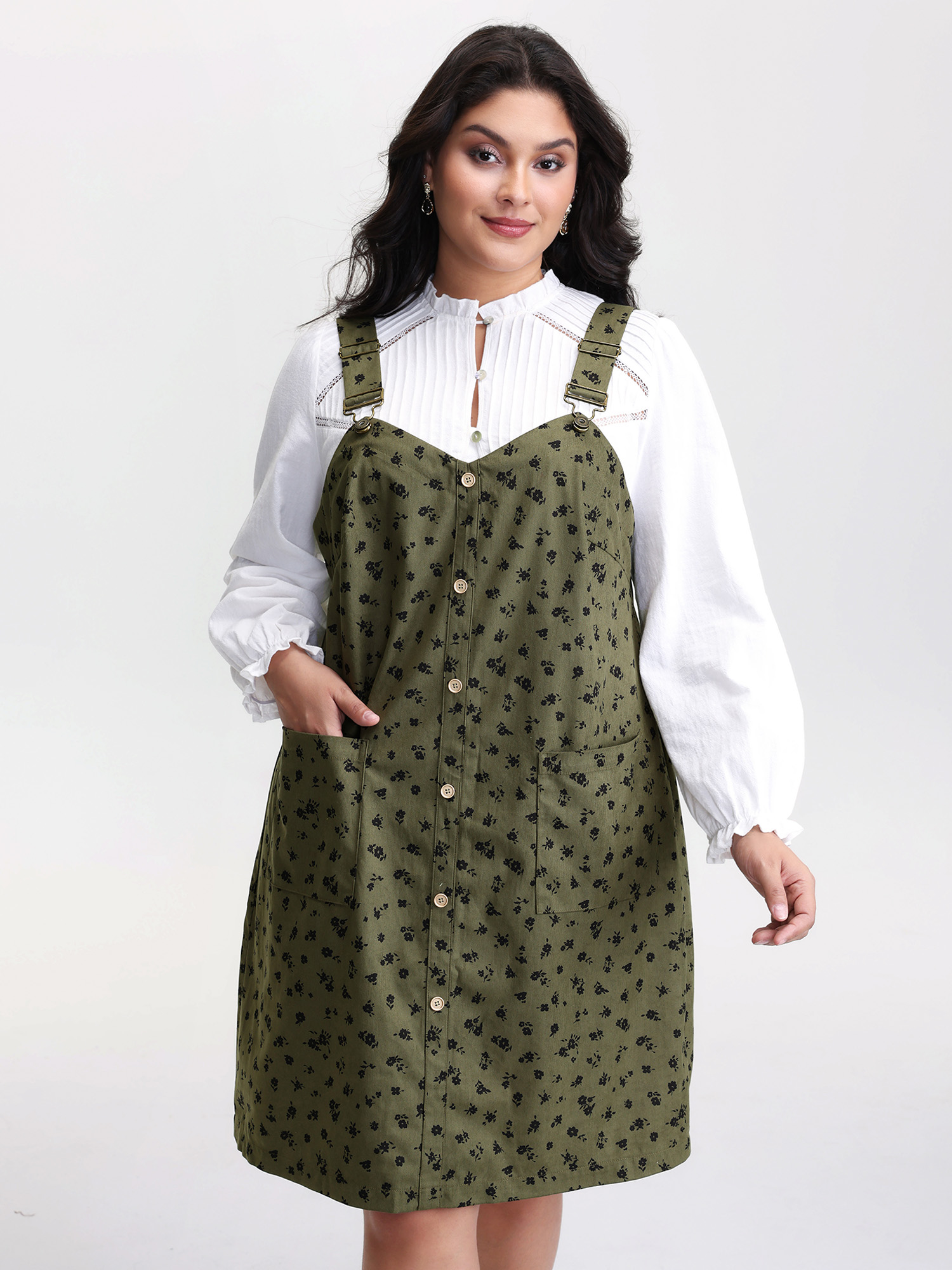 BloomChic Women's Plus Size Floral Print Textured Overall Adjustable Midi Dress ArmyGreen Synthetic texture Short Everyday-Casual Texture 10/M