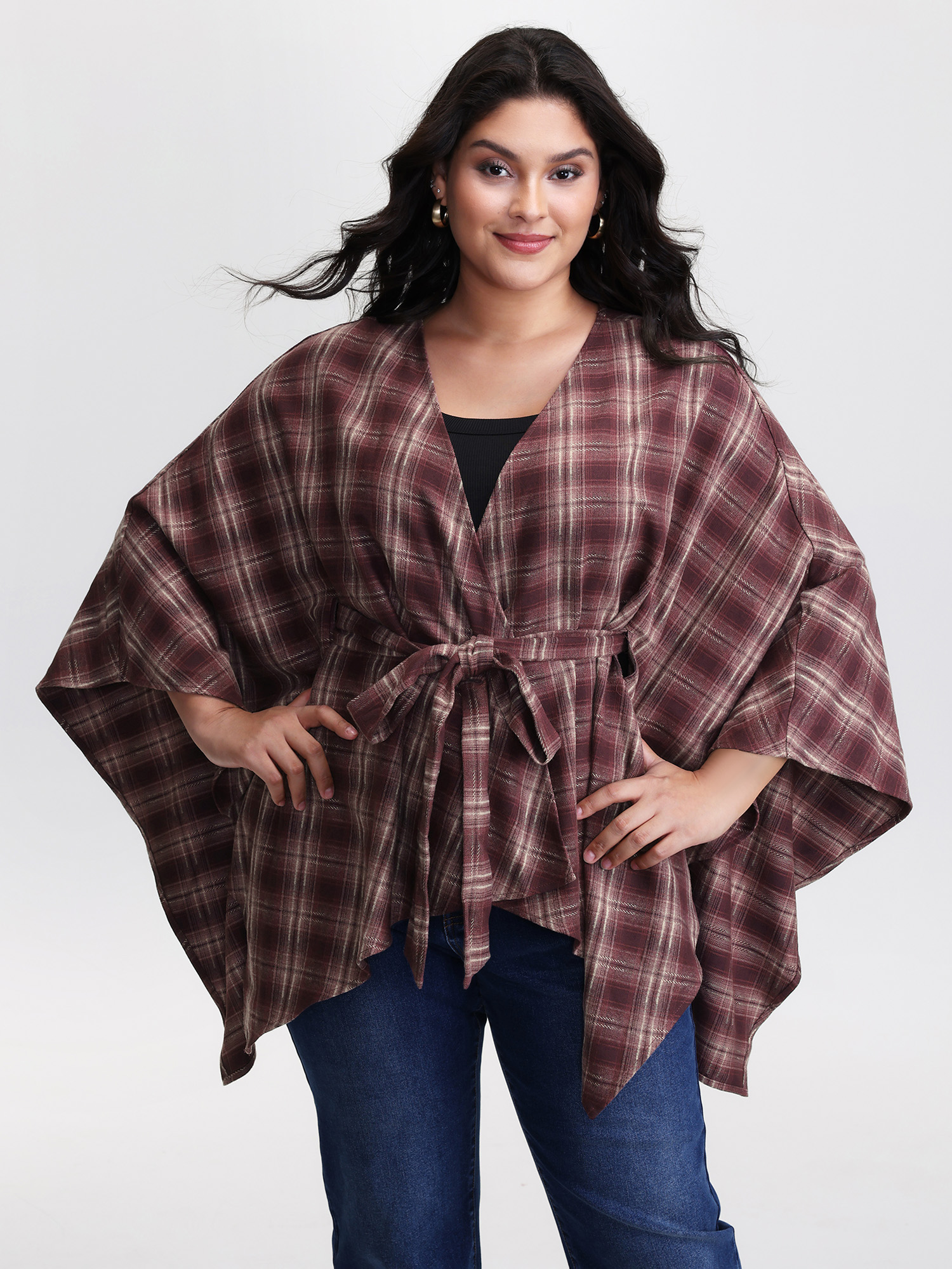BloomChic Women's Plus Size Plaid Asymmetrical Hem Knotted-Front Kimono Burgundy Belted T-line Everyday-Casual 12/L