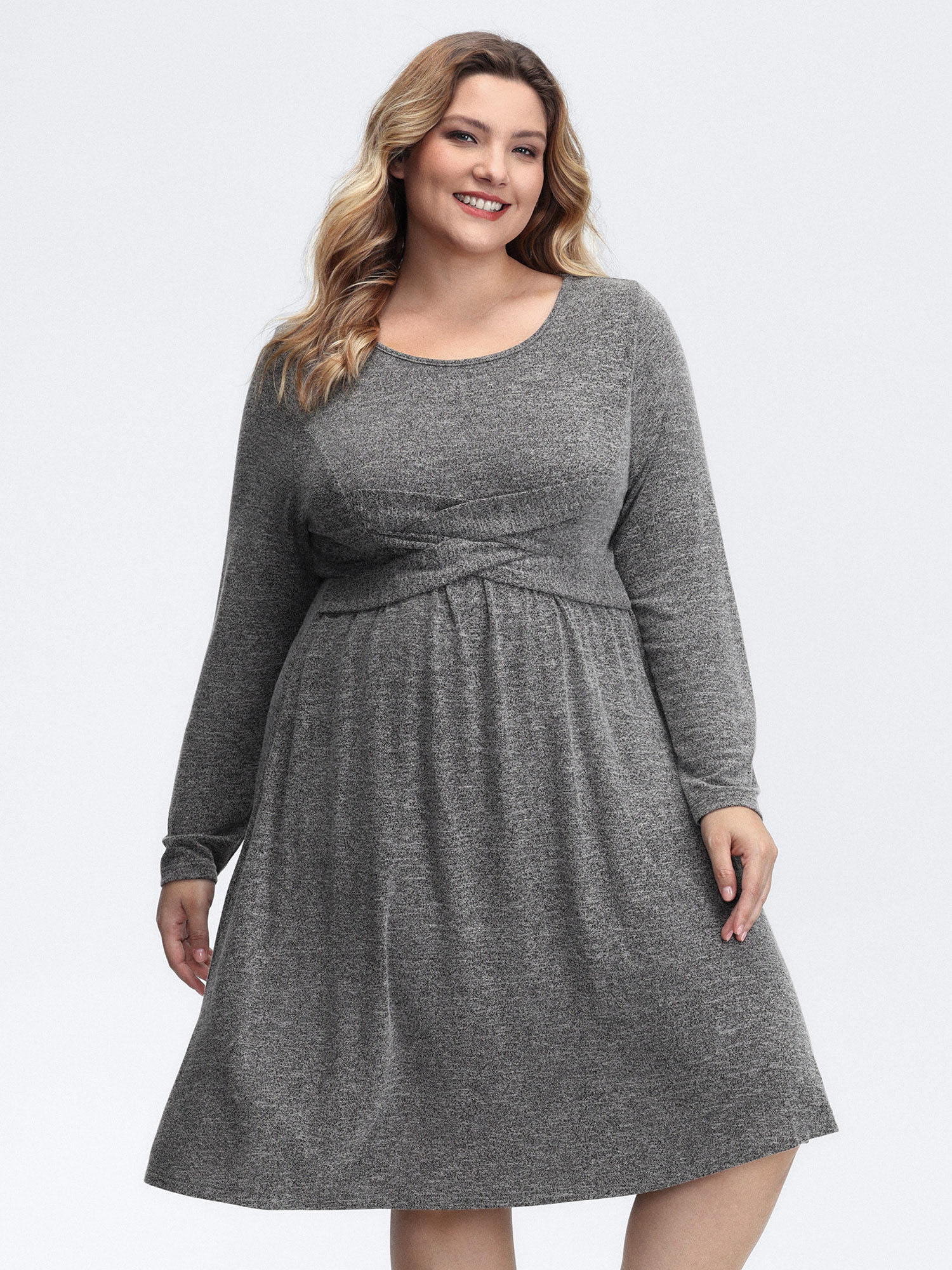 BloomChic Women's Plus Size Crossover Waist-Defining Round Neck Midi Dress Charcoal Gray Knee Everyday-Casual Overlapping 12/L