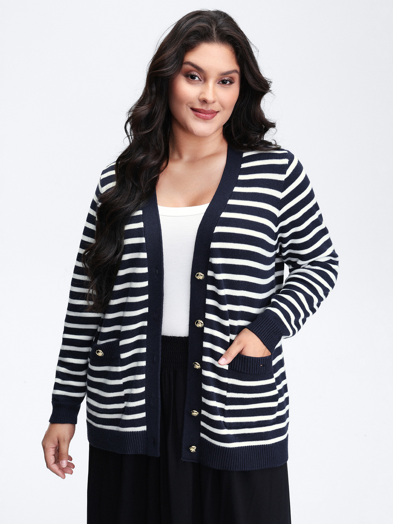 BloomChic Women's Plus Size Wool-Blend Stripe Button Pockets Knit Cardigan Midnight Long Sleeve 10/M