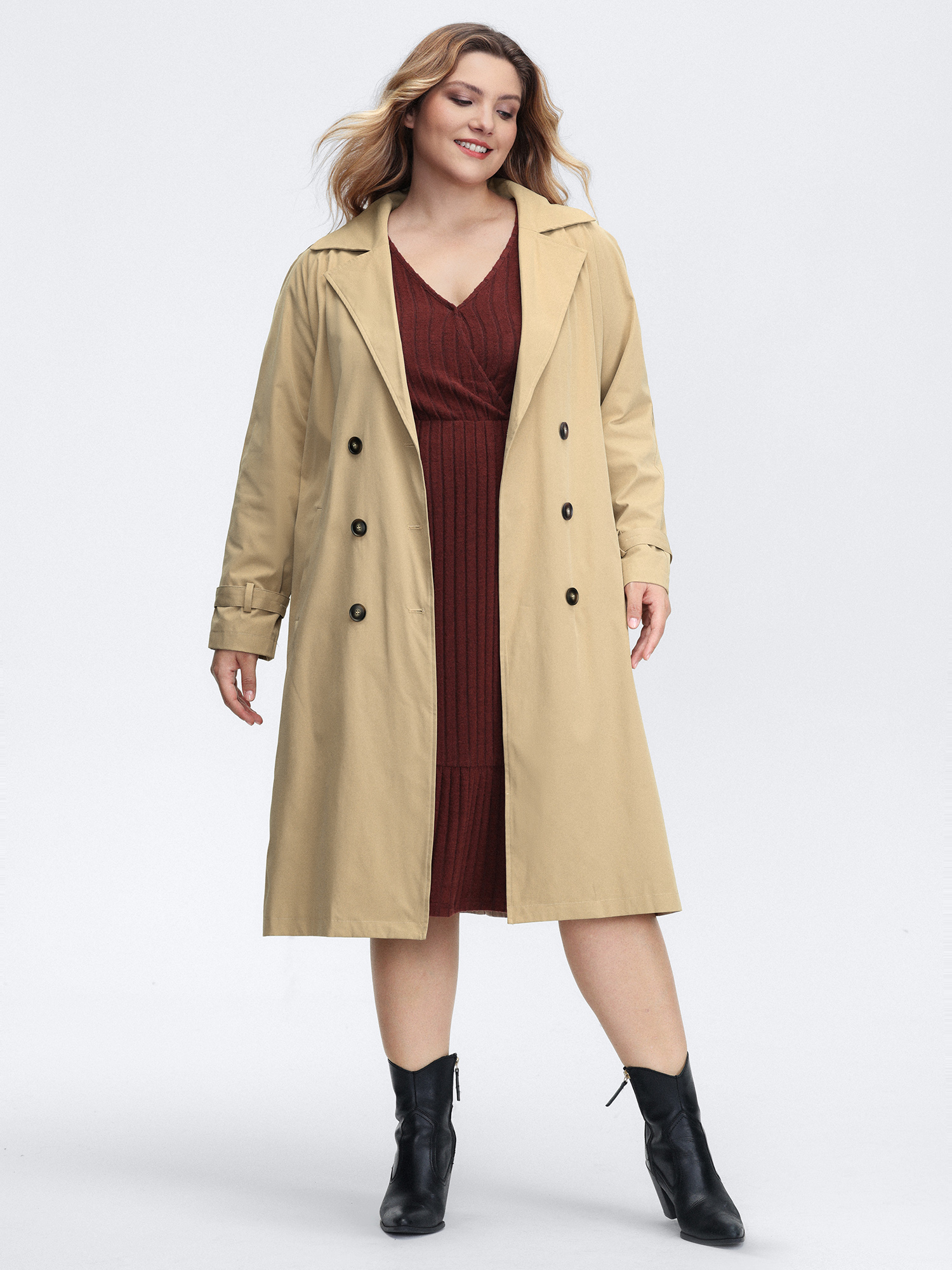 Women's Plus Size Adjustable Tab Sleeve Lined Trench Coat Women Champagne Belted A-line BloomChic 10/M