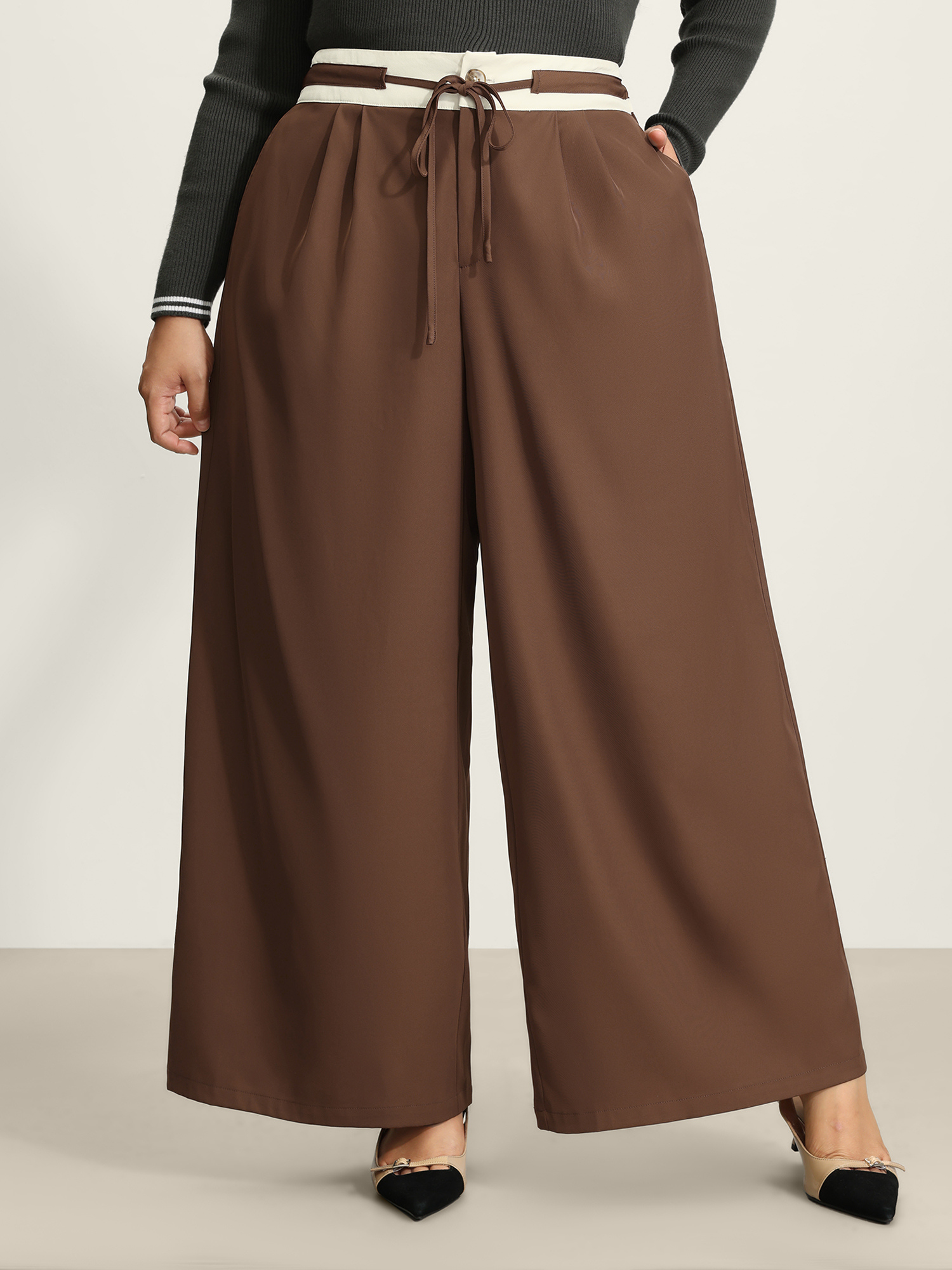 BloomChic Women's Plus Size Color Contrast Drawstring Wide-Leg Pants Browncoffeecolor Wide leg Mid Rise 10/M