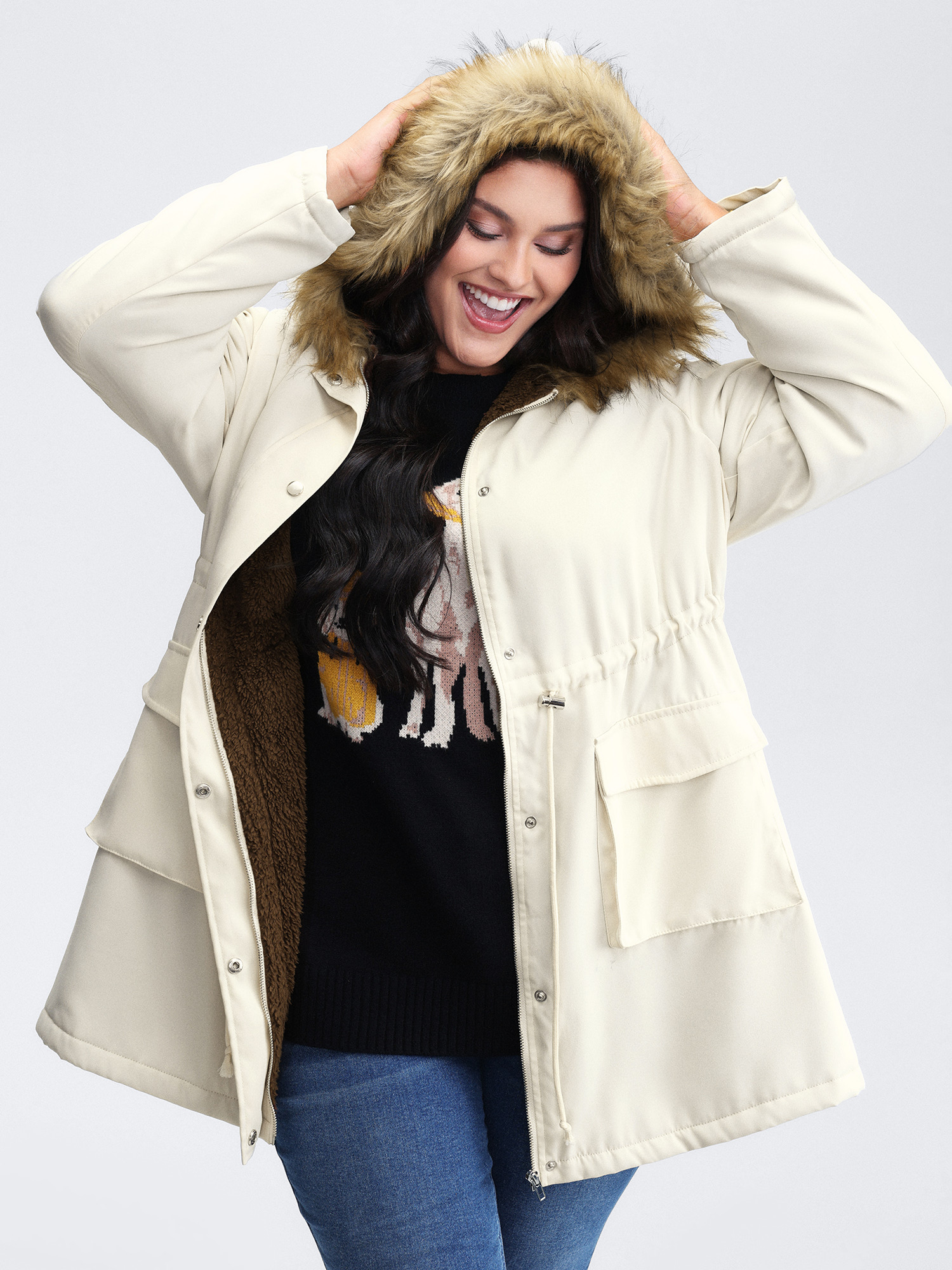 Plus Size Women Drawstring No stretch Sleeve Extra Long Sleeve Hooded 10/M Patch pocket Quilted Jackets BloomChic
