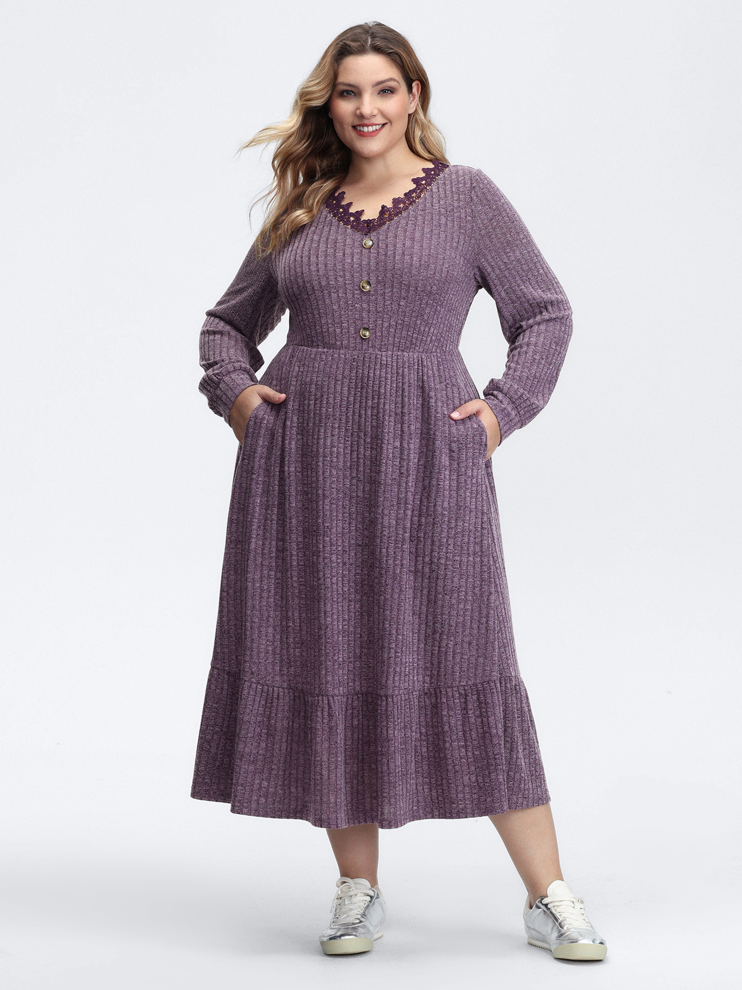 BloomChic Women's Plus Size Stretchy Textured Lace Trim Midi Dress Mauve Synthetic texture Midi Everyday-Casual Texture 10/M