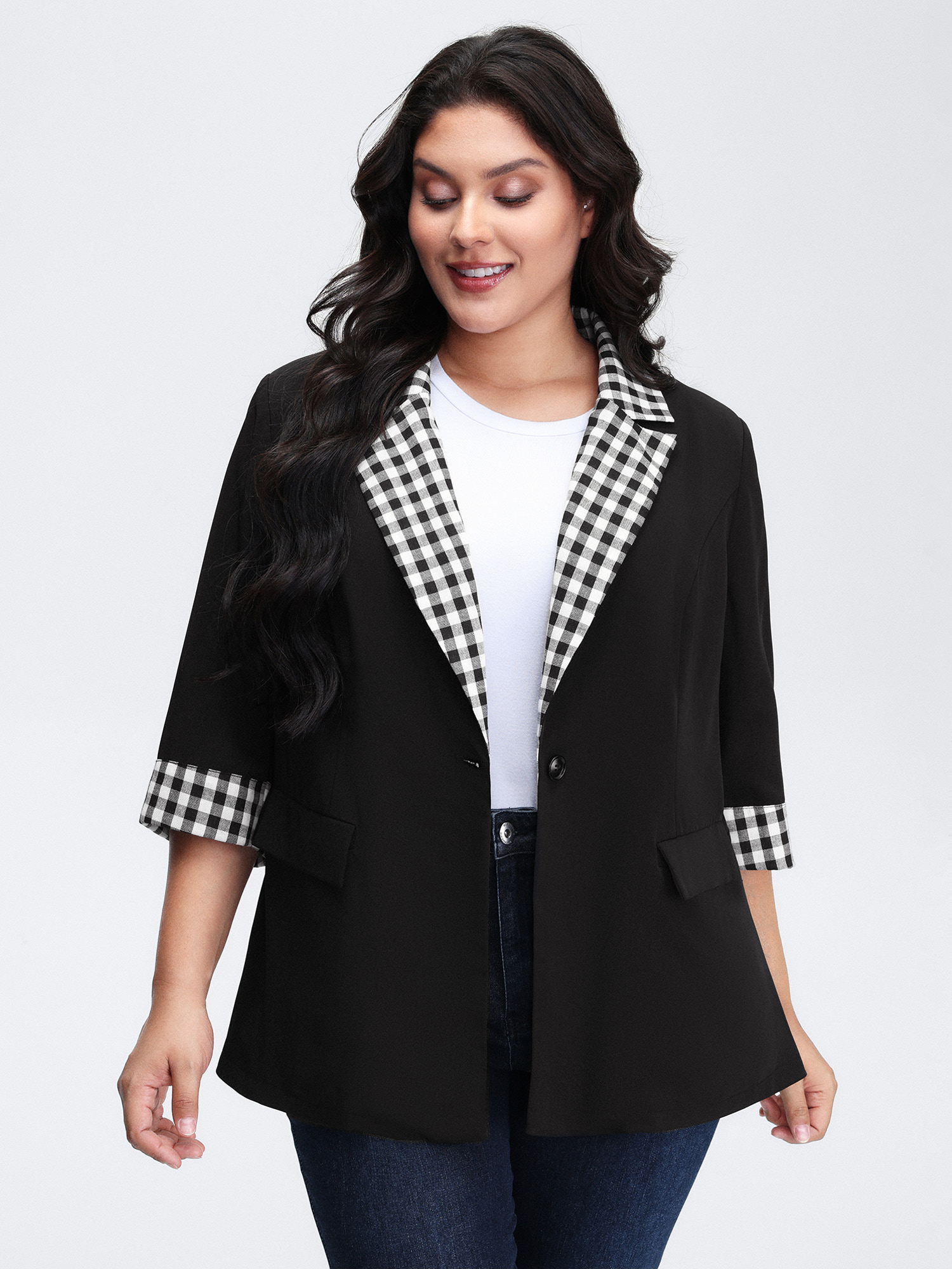 BloomChic Women's Plus Size Checkered Contrast Button Blazer Black Colorblock Sleeve 3/4 Sleeve 12/L-image-47446199107754