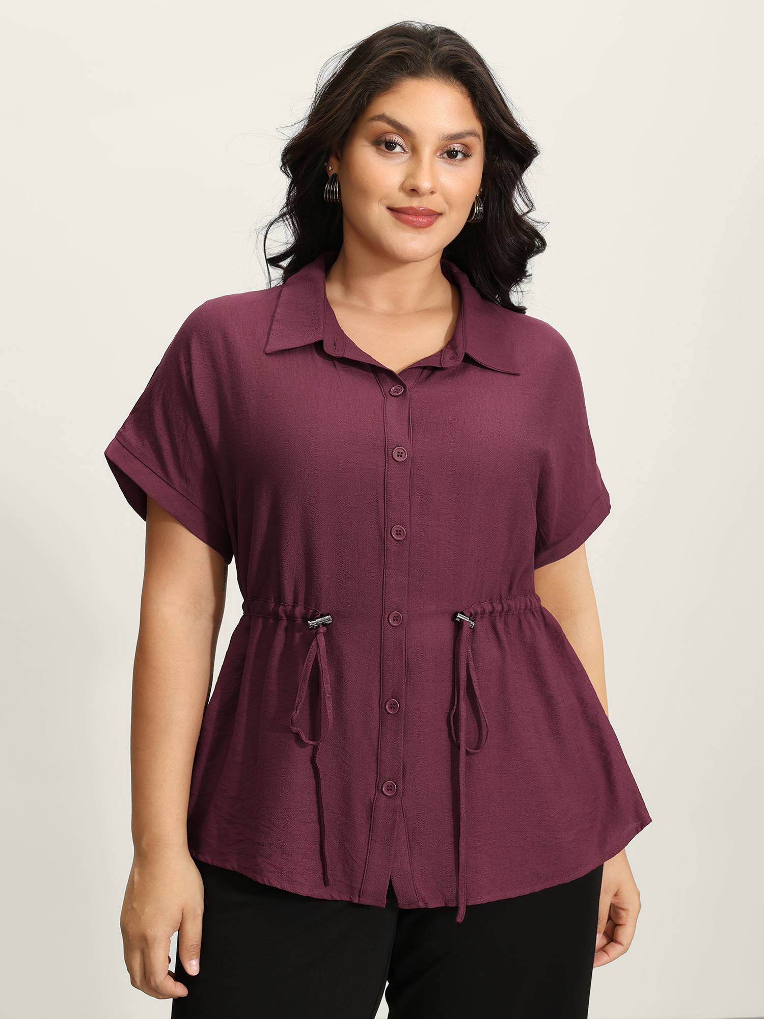 BloomChic Women's Plus Size Adjustable Drawstring Button-Down Shirt Burgundy Office Short sleeve 22-24/3X