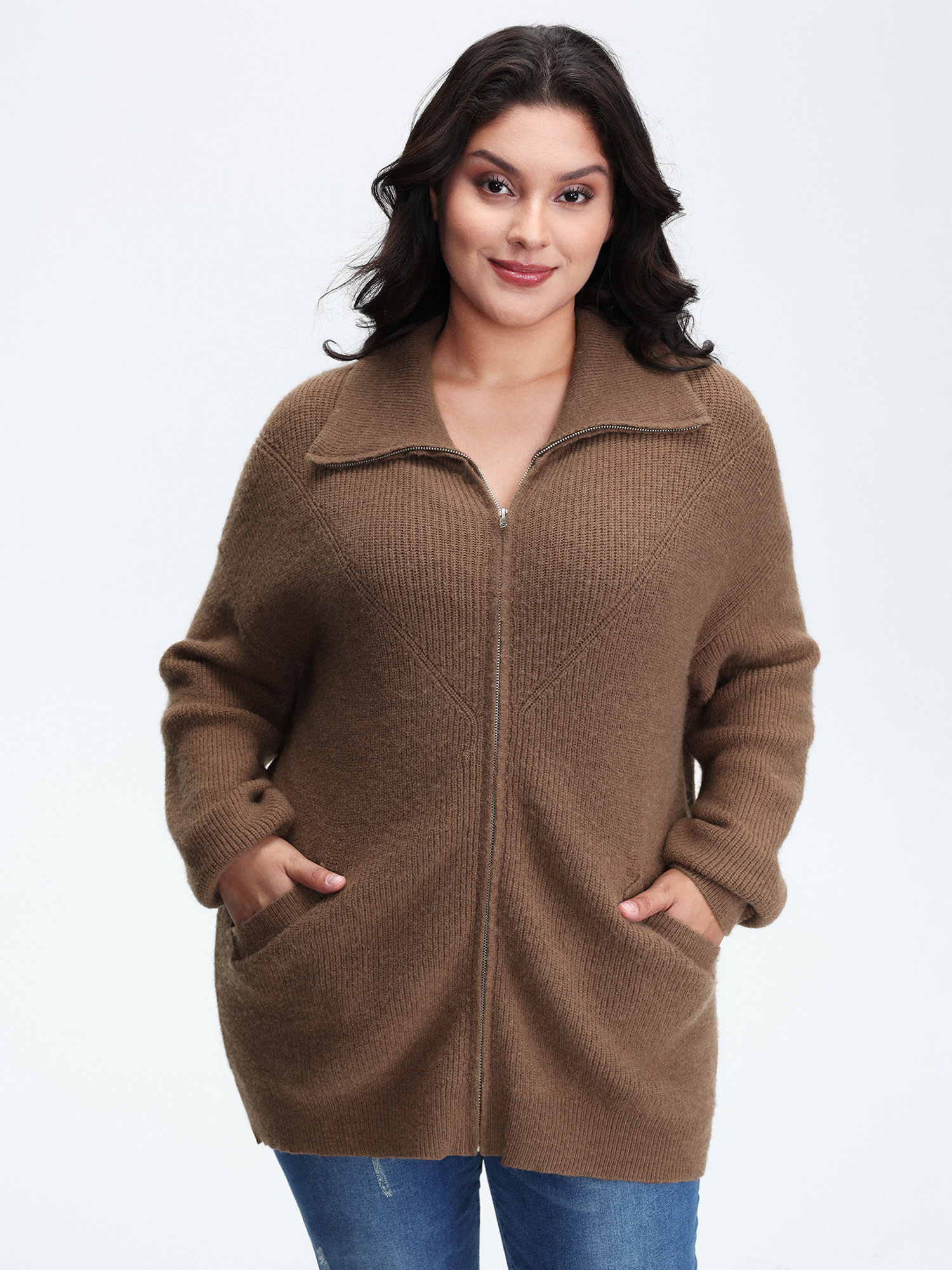 BloomChic Women's Plus Size Textured Slant Pockets Zipper-Front Knit Cardigan Browncoffeecolor Long Sleeve 10/M