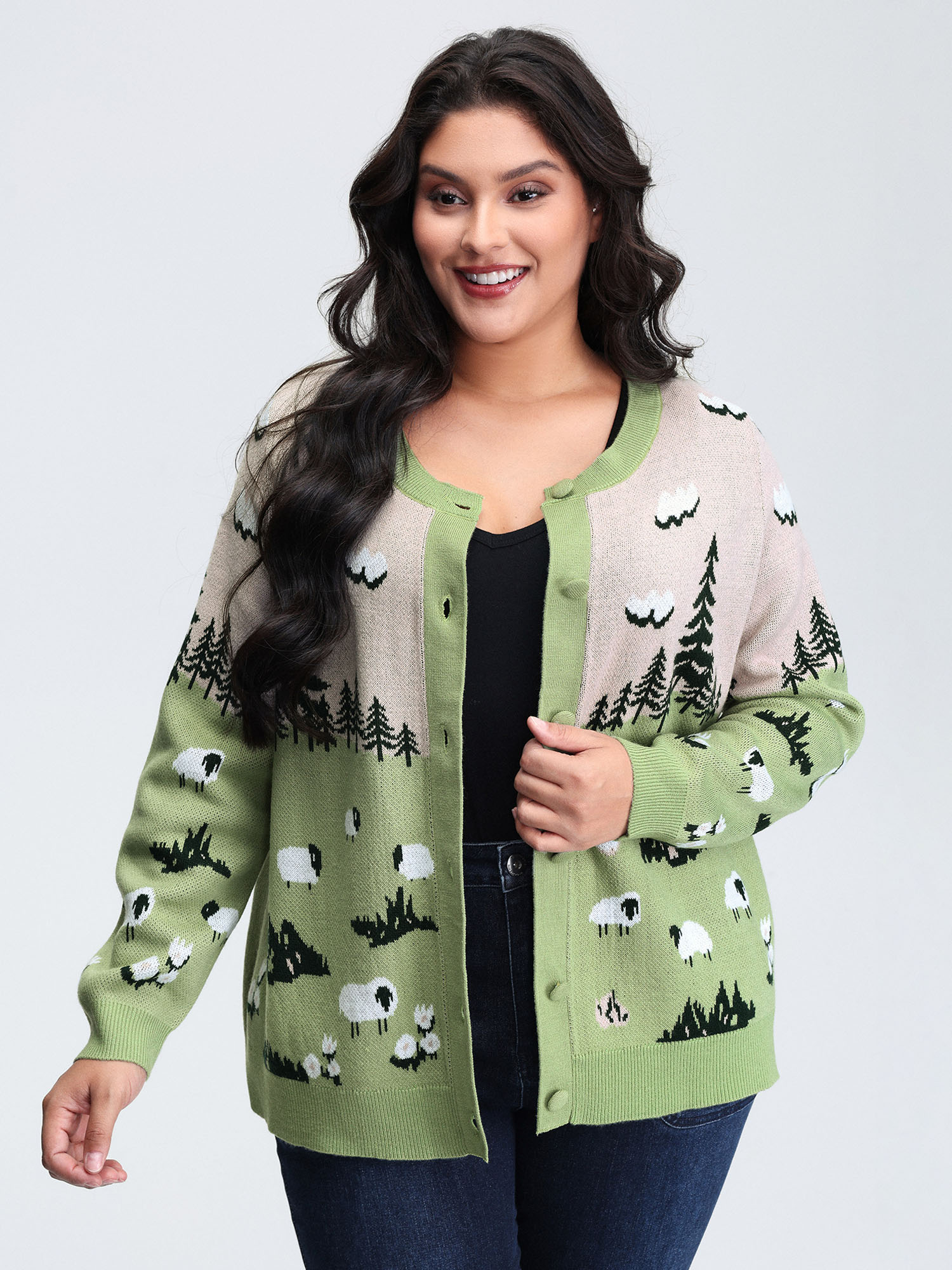 BloomChic Women's Plus Size Meadow Pattern Jacquard Button Knit Cardigan LightGreen Long Sleeve Round Neck 10/M