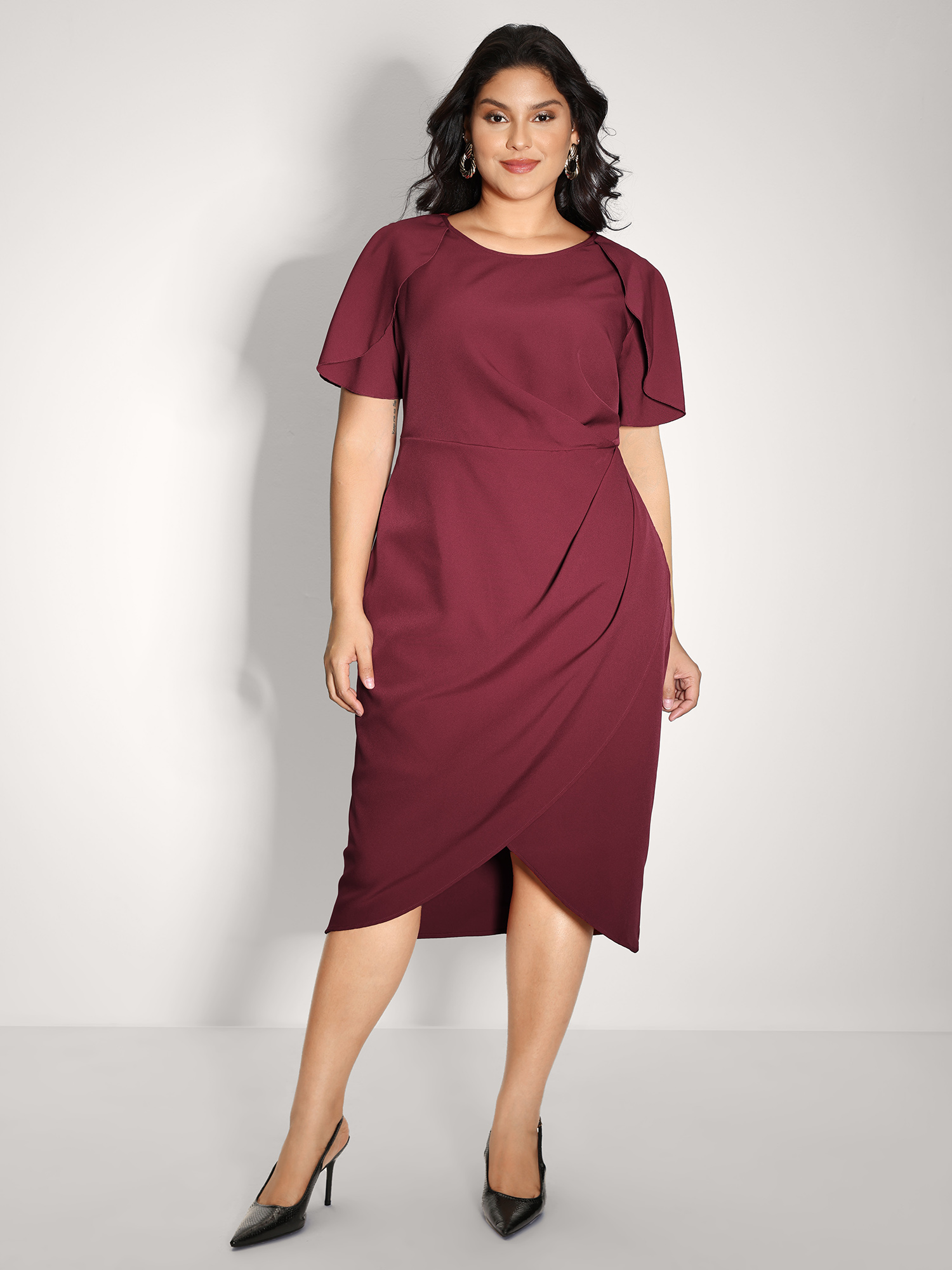 BloomChic Women's Plus Size Wrap Hem Petal Sleeve Midi Dress Plum Party Midi 12/L-image-47465635512490