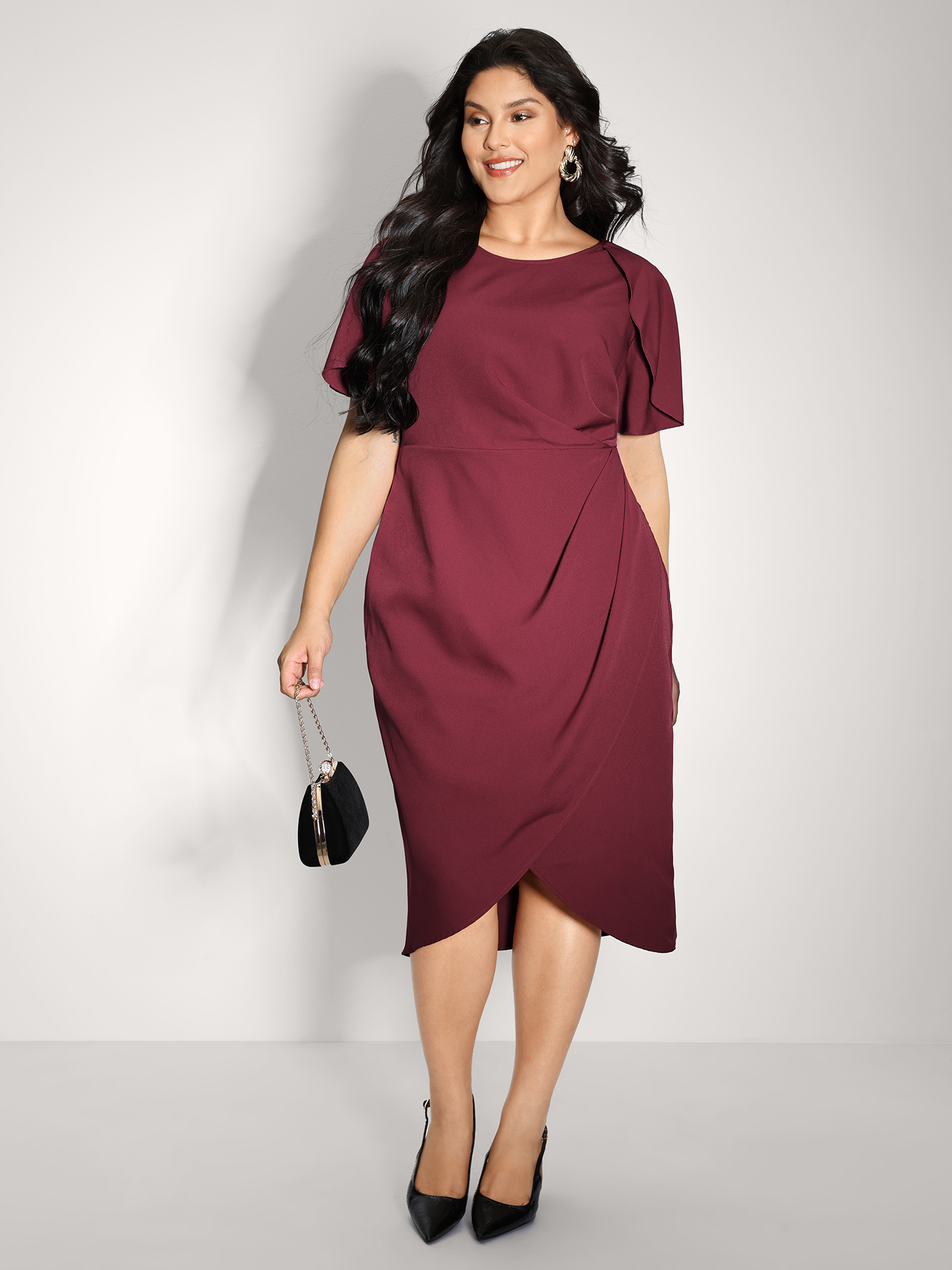 Side view of BloomChic Women's Plus Size Wrap Hem Petal Sleeve Midi Dress Plum Party Midi 26/4X