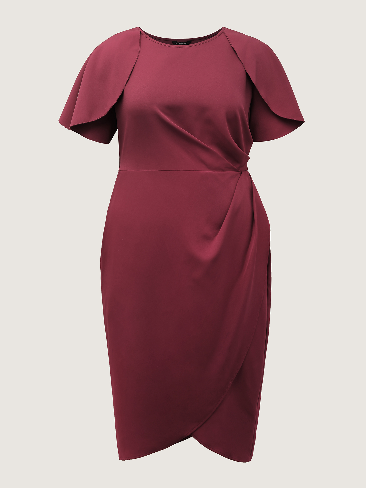 Side view of BloomChic Women's Plus Size Wrap Hem Petal Sleeve Midi Dress Plum Party Midi 26/4X