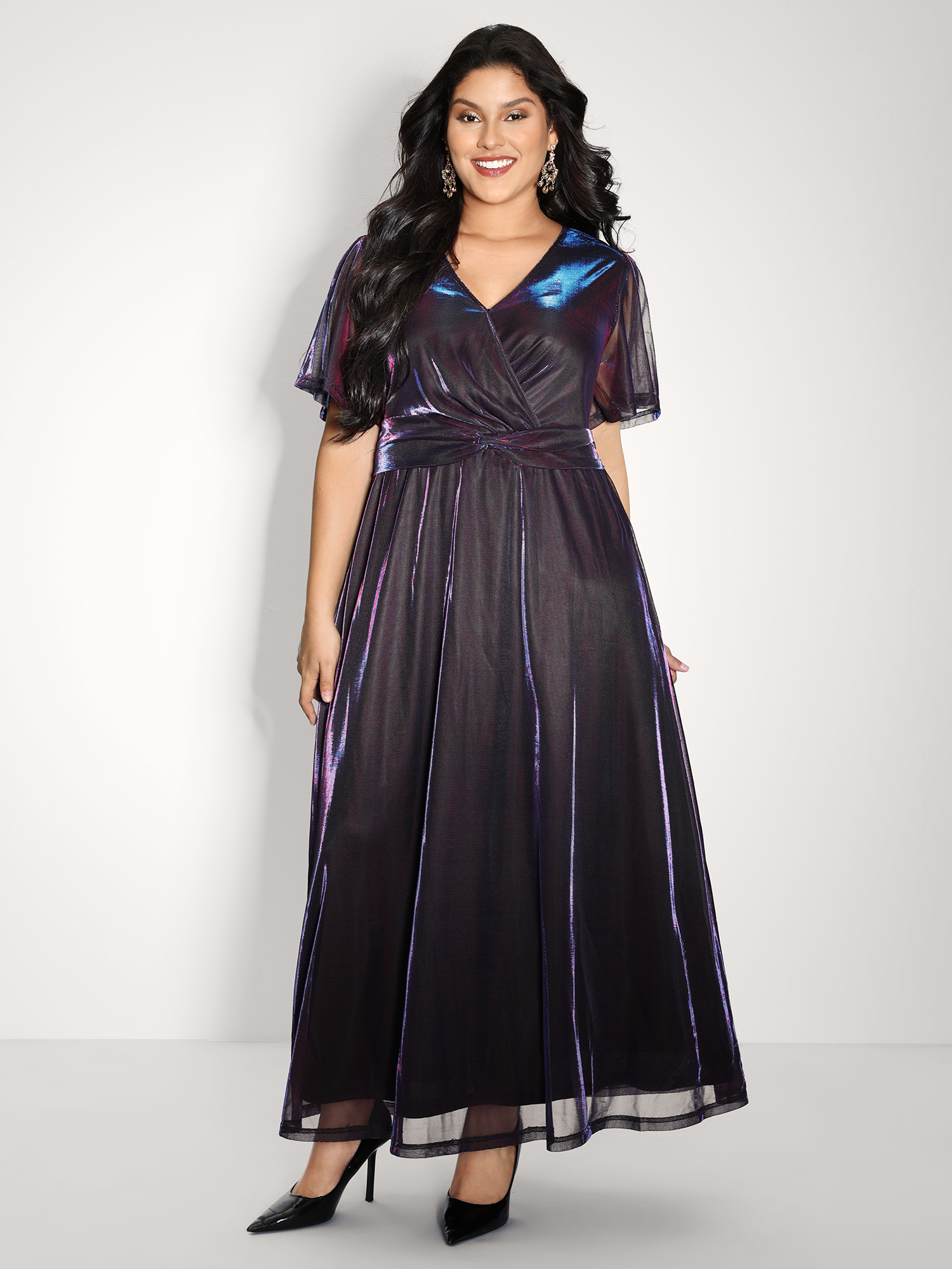 Side view of BloomChic Women's Plus Size Shimmery Lined Shirred Waist Pockets Maxi Dress Deeppurplered Party Maxi Laser 30/6X