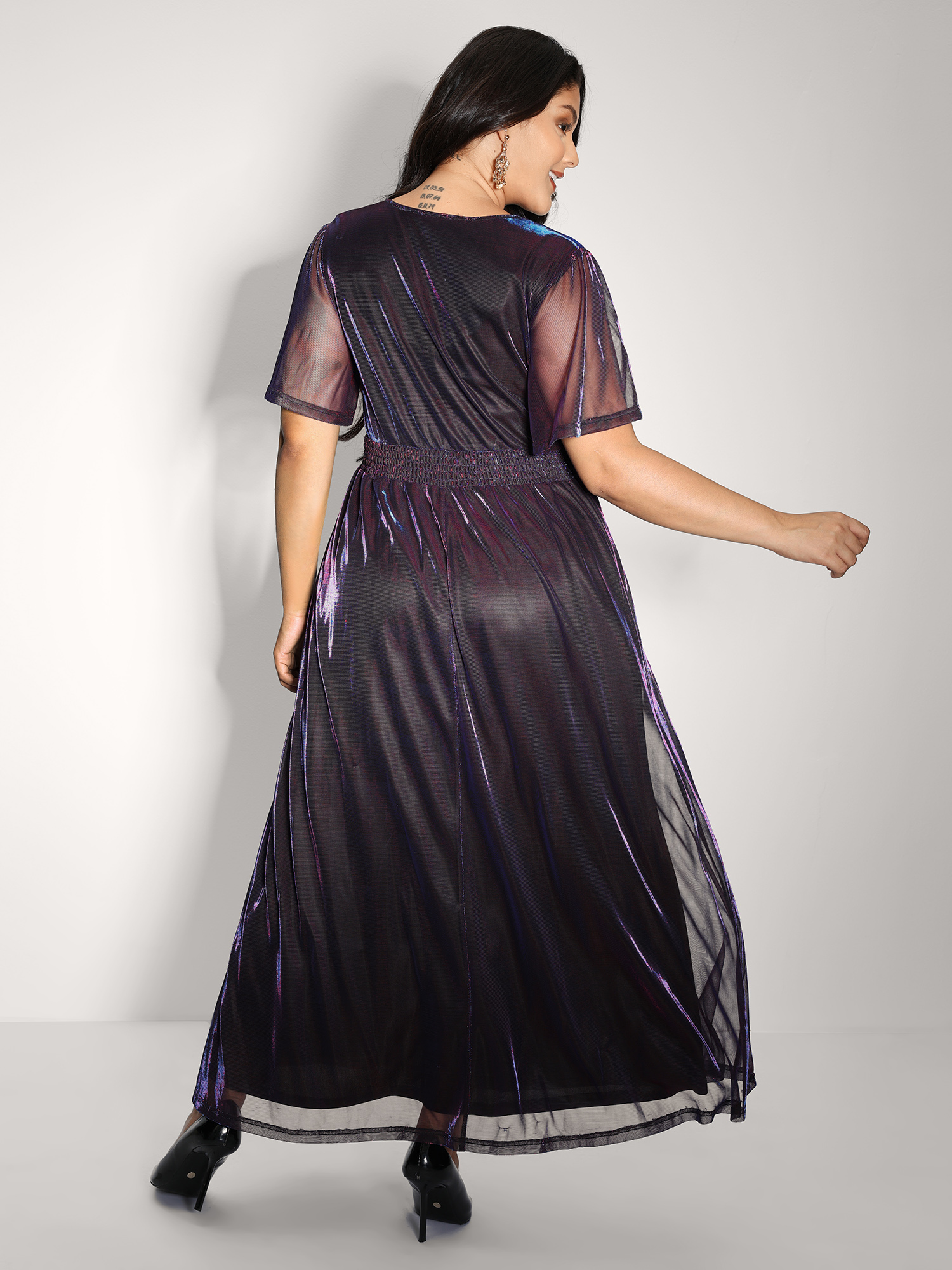 Side view of BloomChic Women's Plus Size Shimmery Lined Shirred Waist Pockets Maxi Dress Deeppurplered Party Maxi Laser 30/6X
