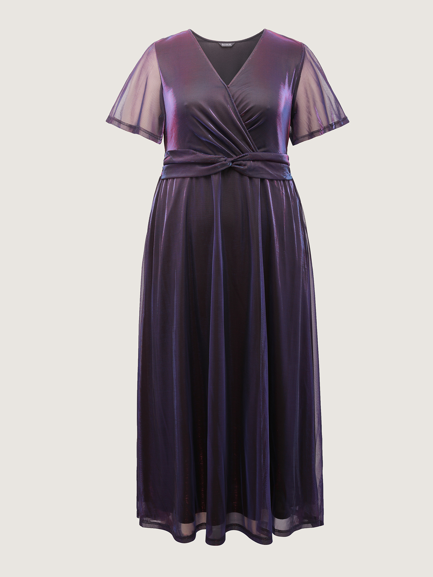 Side view of BloomChic Women's Plus Size Shimmery Lined Shirred Waist Pockets Maxi Dress Deeppurplered Party Maxi Laser 30/6X