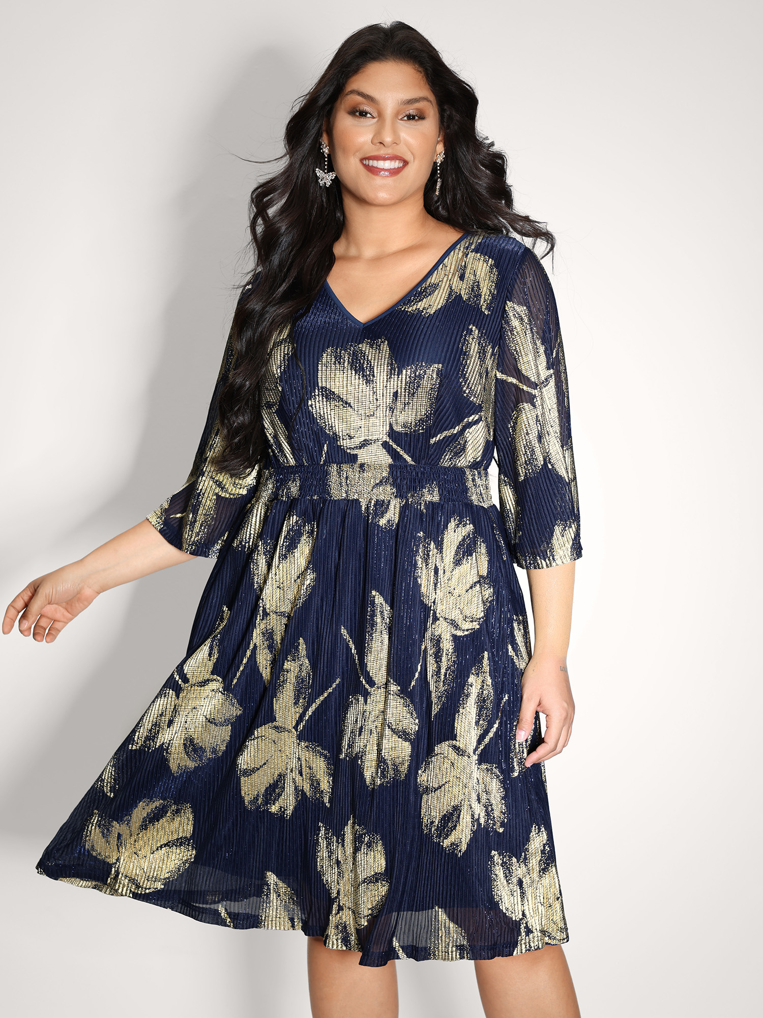 Side view of BloomChic Women's Plus Size Hot Stamped Fall Leaf Shirred Mini Dress DarkBlue Party Knee 14-16/1X