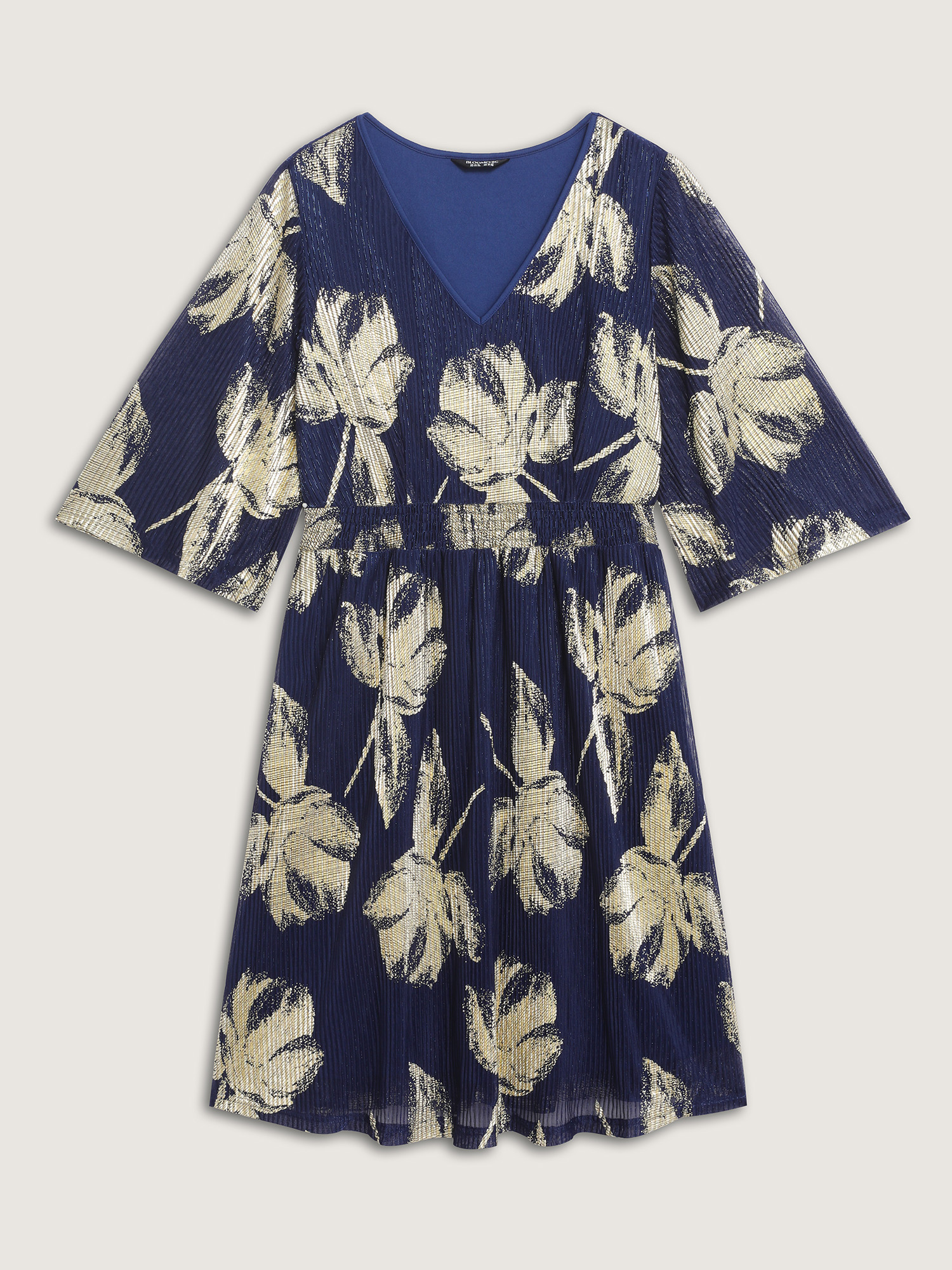 Side view of BloomChic Women's Plus Size Hot Stamped Fall Leaf Shirred Mini Dress DarkBlue Party Knee 14-16/1X