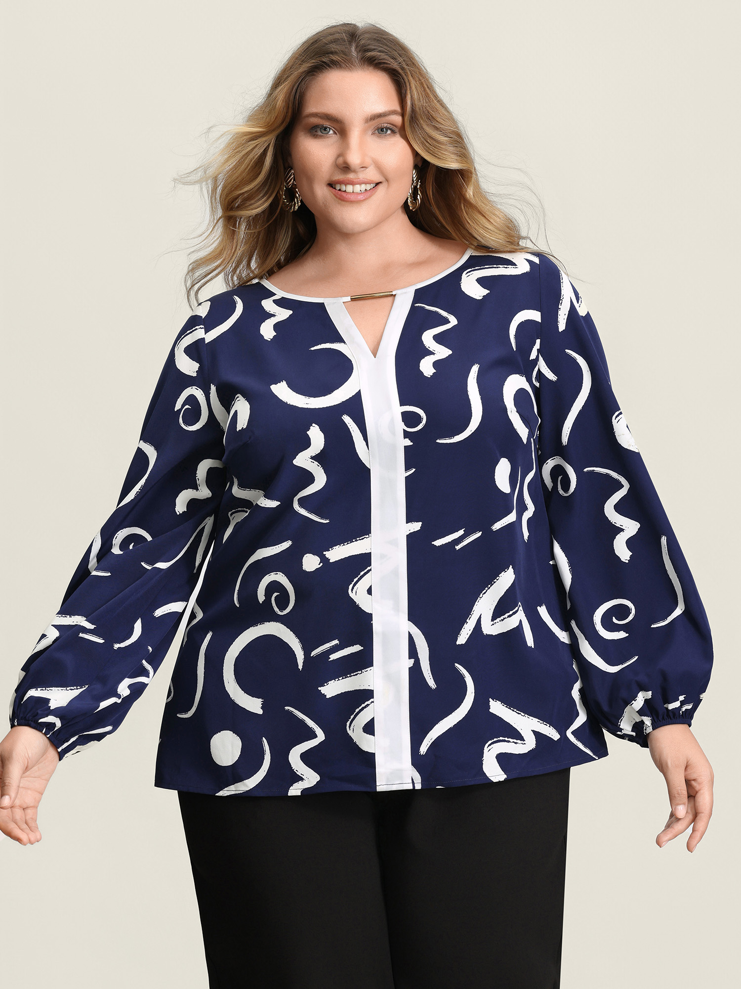 BloomChic Women's Plus Size Scribble Print Color Contrast Cut-Out Blouse WhiteSmoke Geometric Office Extra Long Sleeve 30/6X