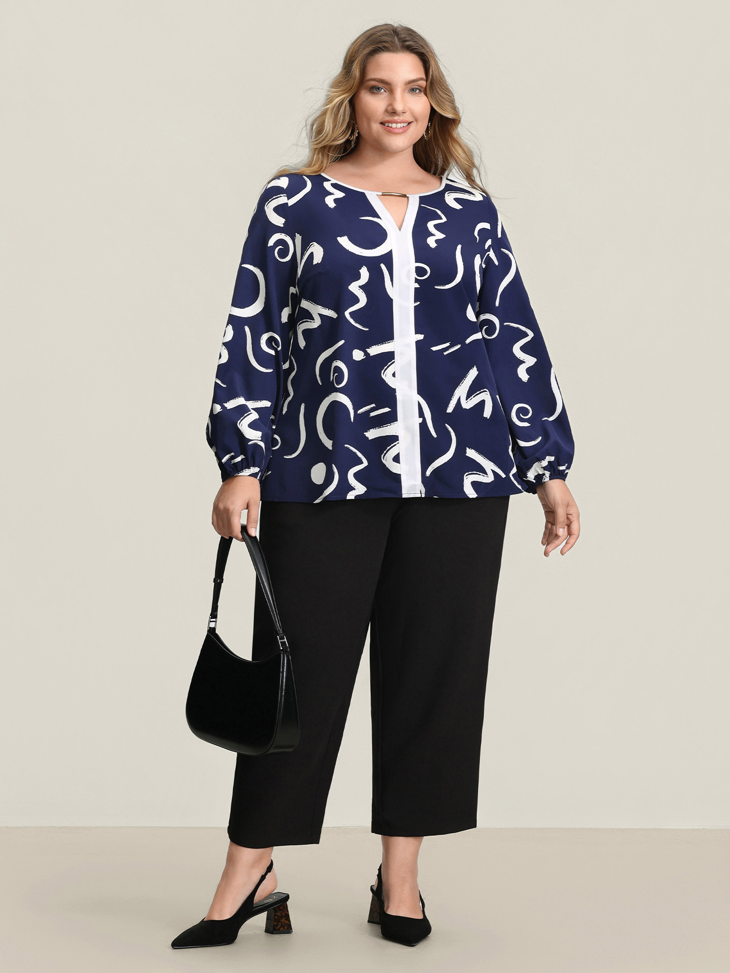 Side view of BloomChic Women's Plus Size Scribble Print Color Contrast Cut-Out Blouse WhiteSmoke Geometric Office Extra Long Sleeve 30/6X