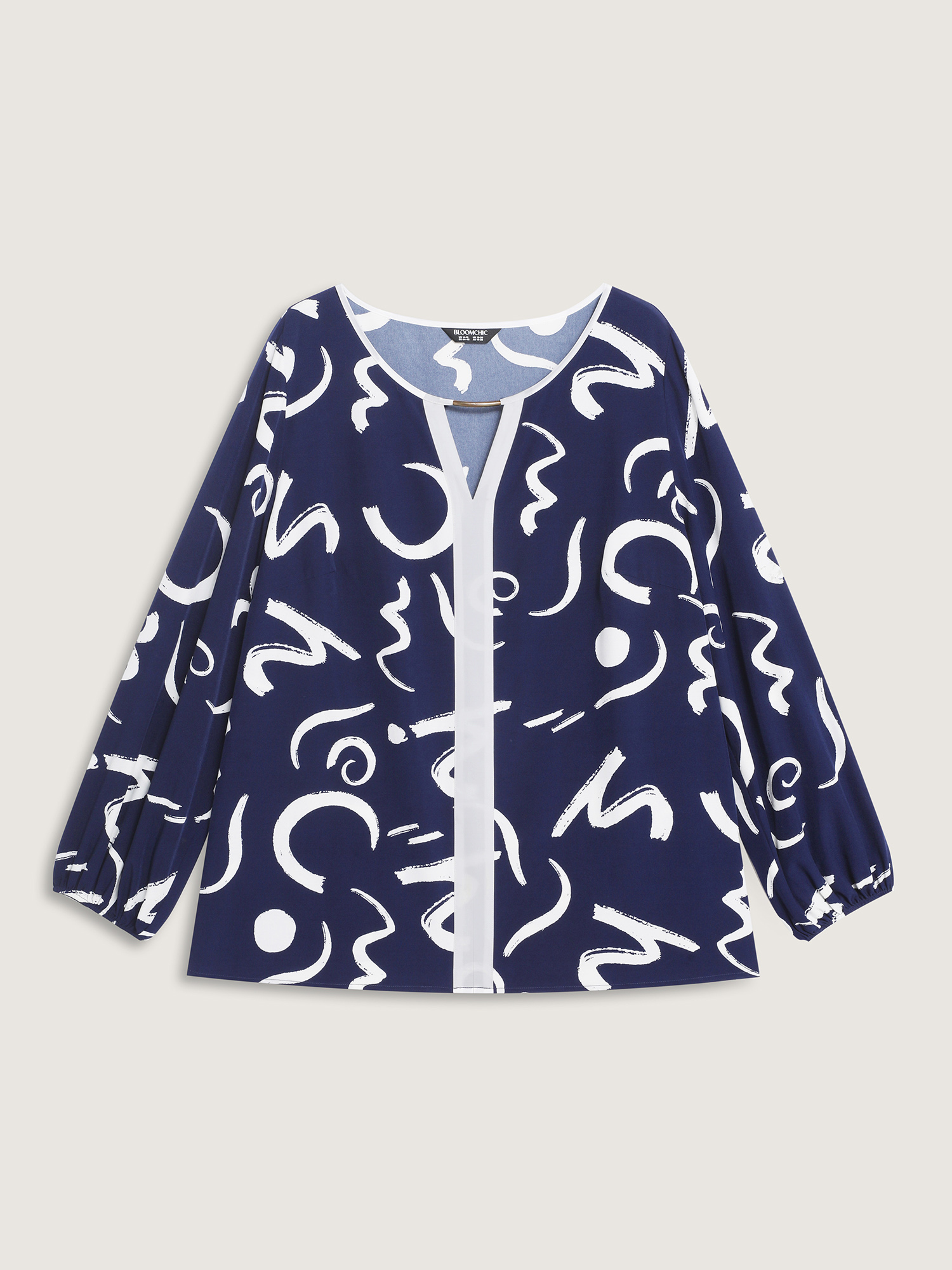 Side view of BloomChic Women's Plus Size Scribble Print Color Contrast Cut-Out Blouse WhiteSmoke Geometric Office Extra Long Sleeve 30/6X