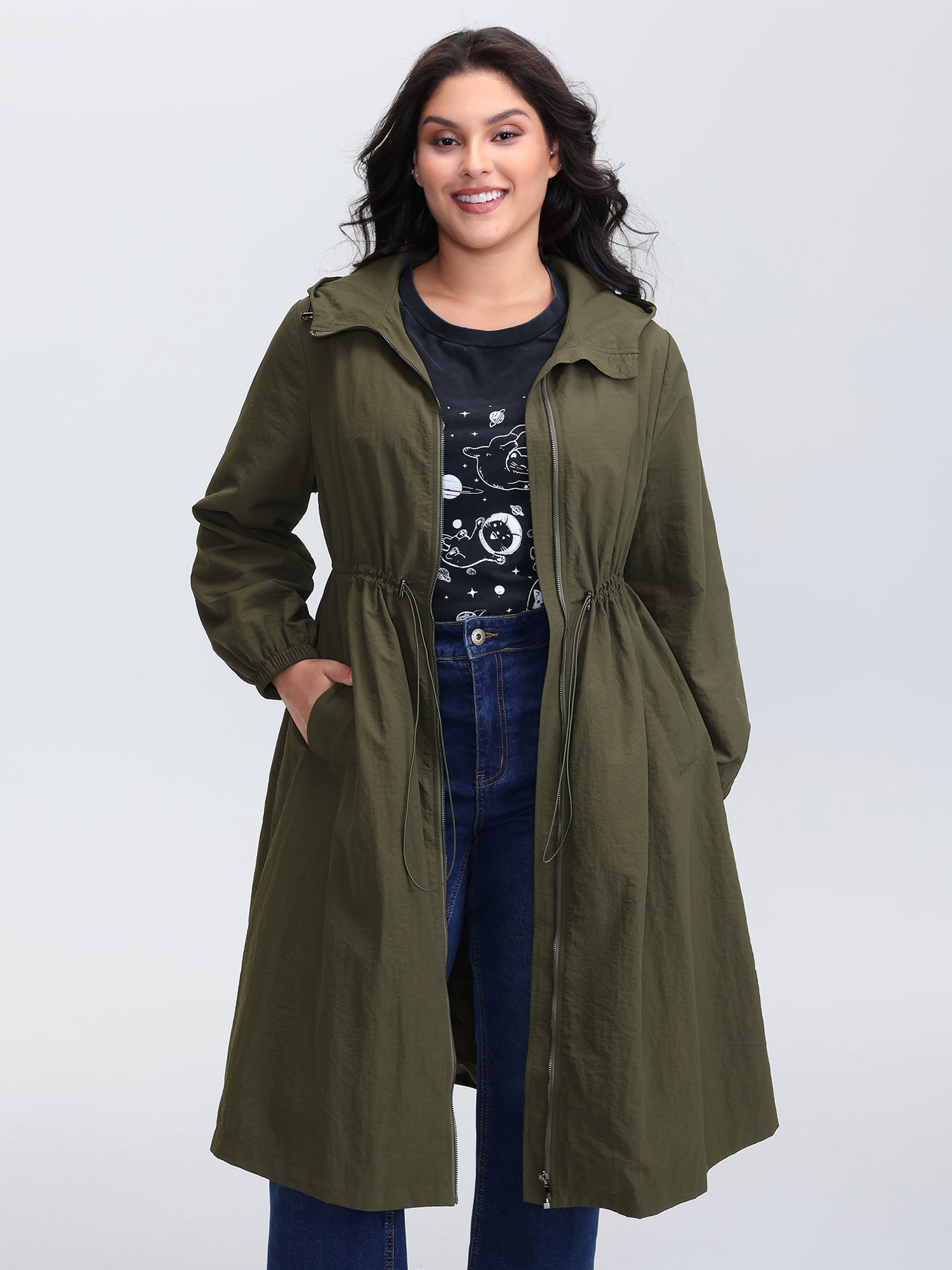 BloomChic Women's Plus Size Adjustable Drawstring Waist Pockets Hooded Jacket Rifle Green Drawstring X-line 10/M