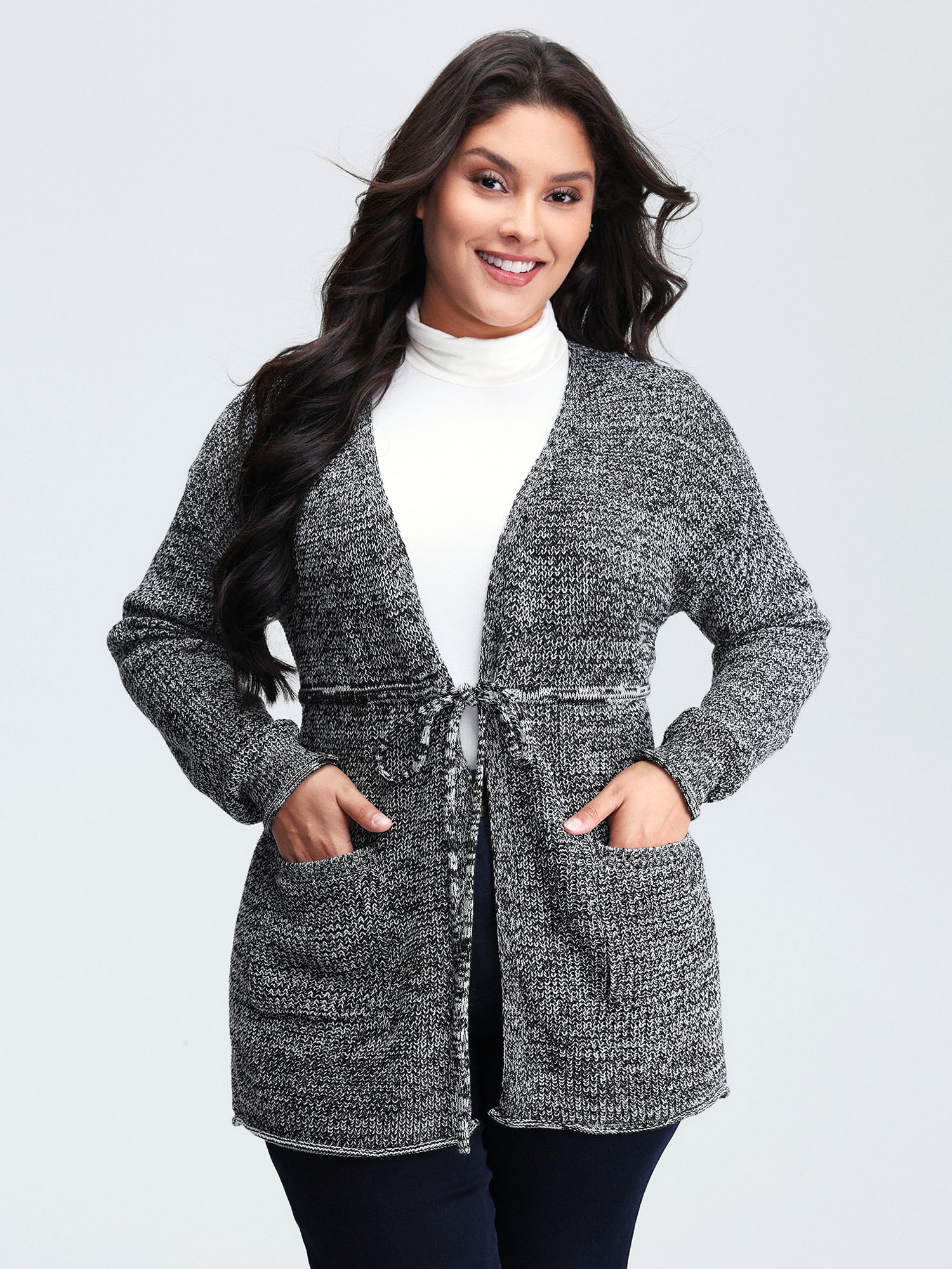 BloomChic Women's Plus Size Heather Adjustable Waist Drawstring Knit Cardigan Black Long Sleeve 18-20/2X
