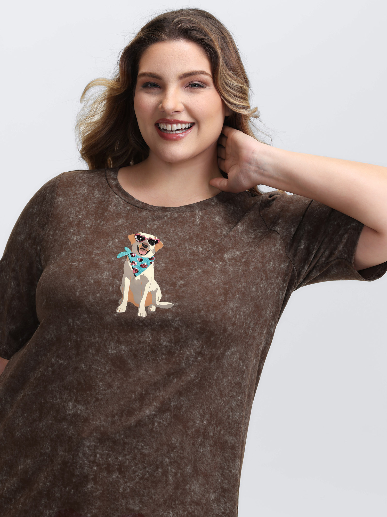BloomChic Women's Plus Size Chic Dog Pattern Snowflake Effect T-Shirt Browncoffeecolor Animal Motif Everyday-Casual Half Sleeve 12/L