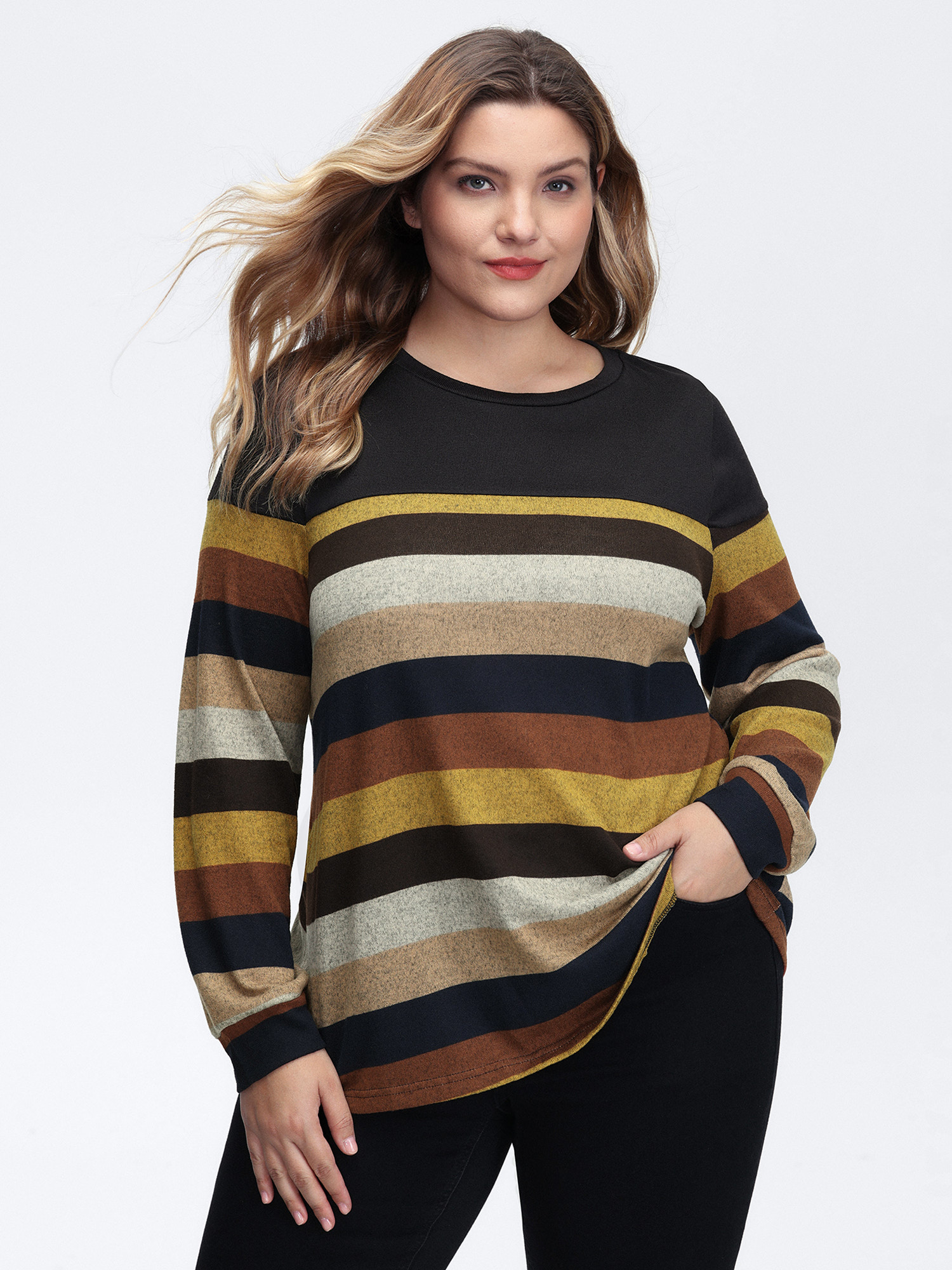 BloomChic Women's Plus Size Stretchy Colorful Stripe Relaxed-Fit T-Shirt Multicolor Stripes Everyday-Casual Extra Long Sleeve 10/M