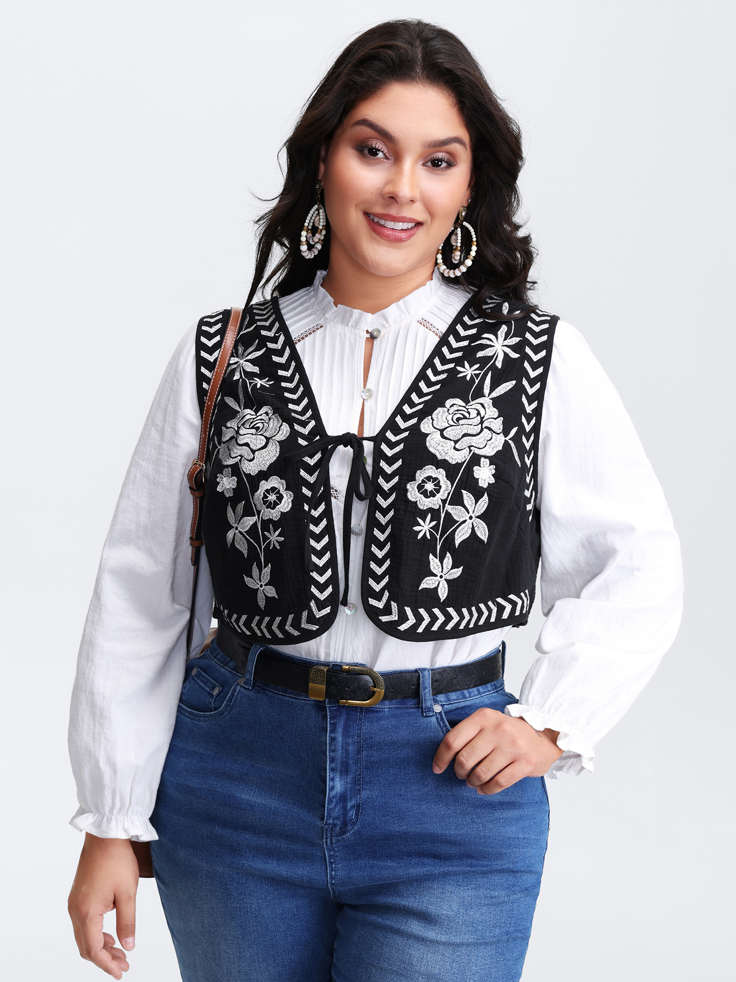 BloomChic Women's Plus Size Pure Cotton Textured Embroidered Tie Vest Black Tie knot 30/6X-image-47465603596458