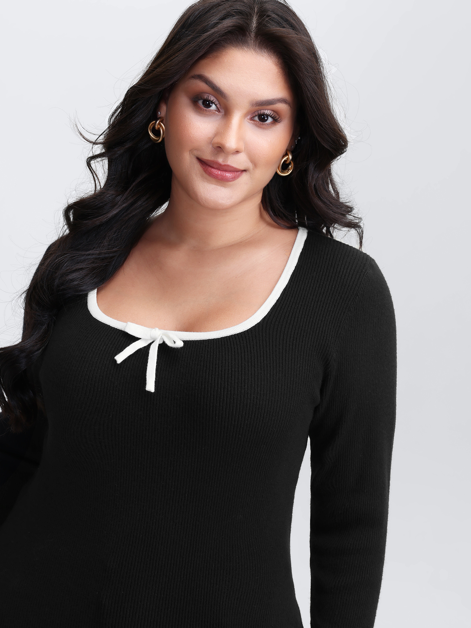 BloomChic Women's Plus Size Square Neck Bowknot Fitted Pullover Black not graphics Long Sleeve Square Neck 10/M