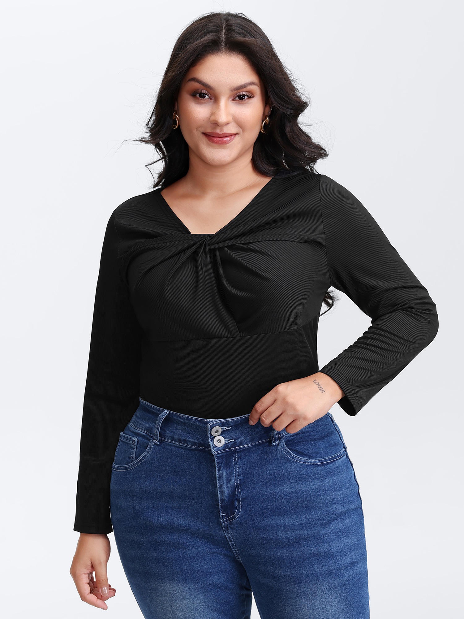 BloomChic Women's Plus Size Stretchy Knotted Neckline Cozy Knit Top Black Long Sleeve Everyday-Elegant 10/M