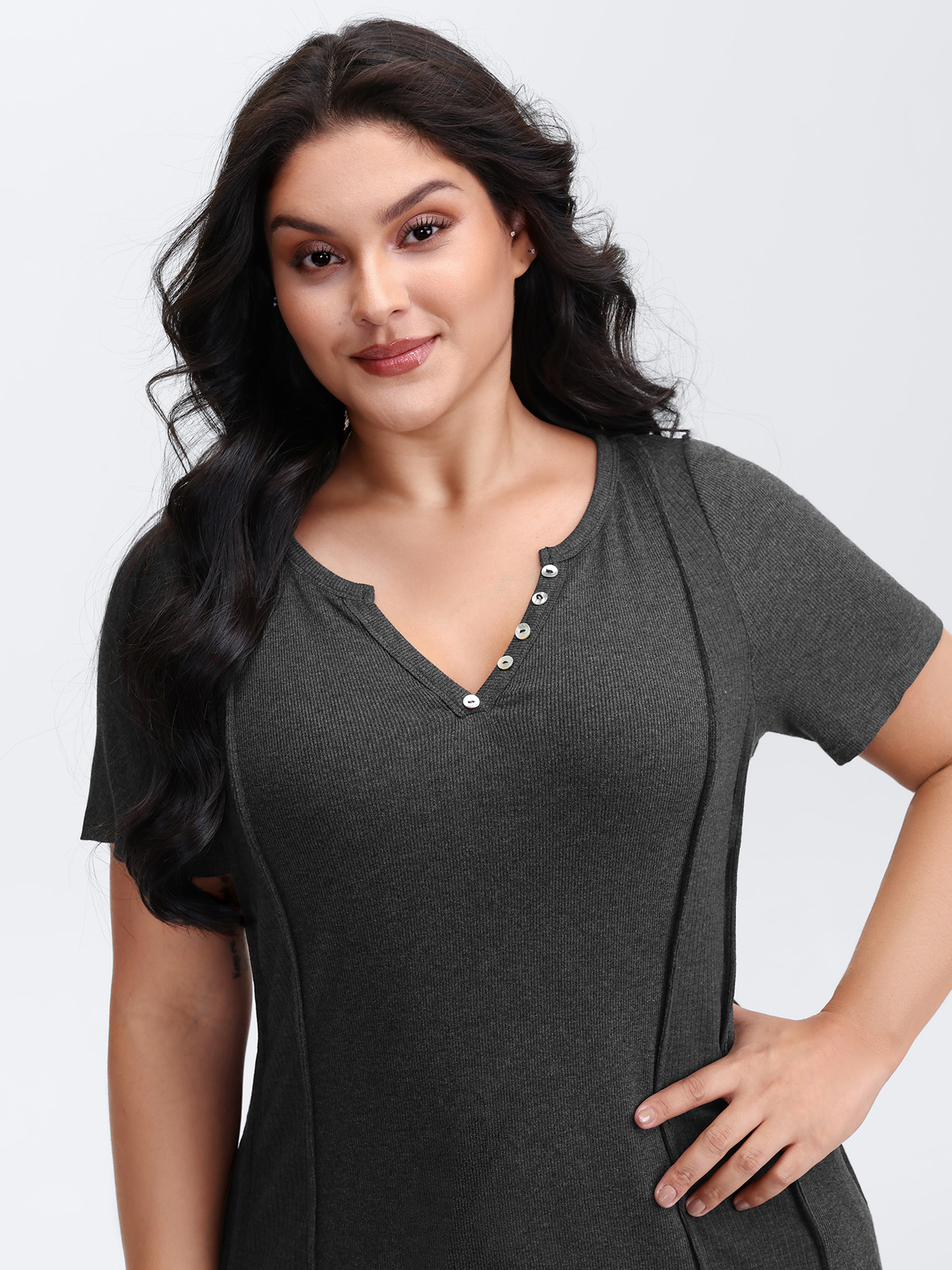 BloomChic Women's Plus Size Supersoft Ribbed Split Neckline Fitted T-Shirt DimGray Non Everyday-Casual Short sleeve 28/5X