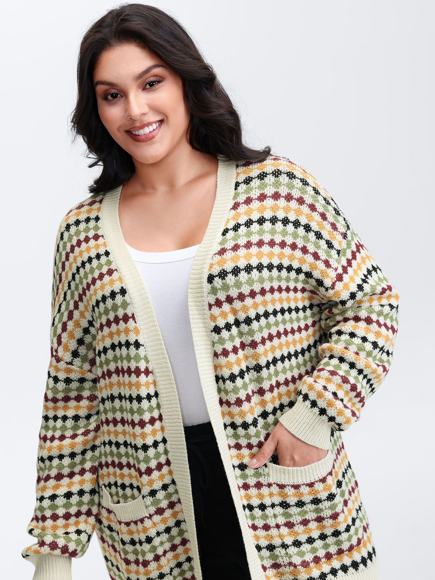 BloomChic Women's Plus Size Colorful Dots Open-Front Pockets Knit Cardigan Ivory Long Sleeve 10/M