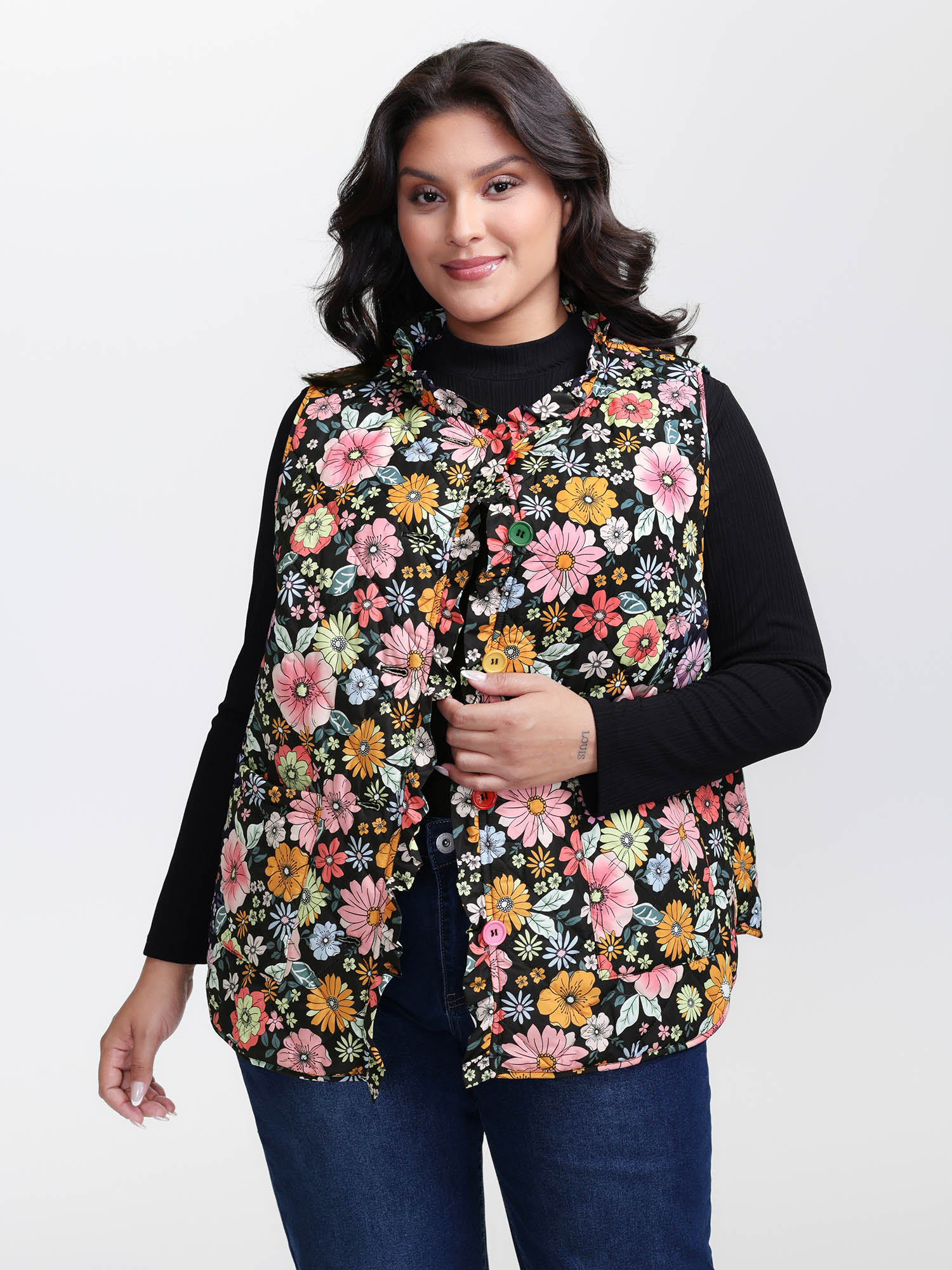 BloomChic Women's Plus Size Floral Quilted Cotton Ruffled Neck Vest Multicolor Button 30/6X-image-47478000910506