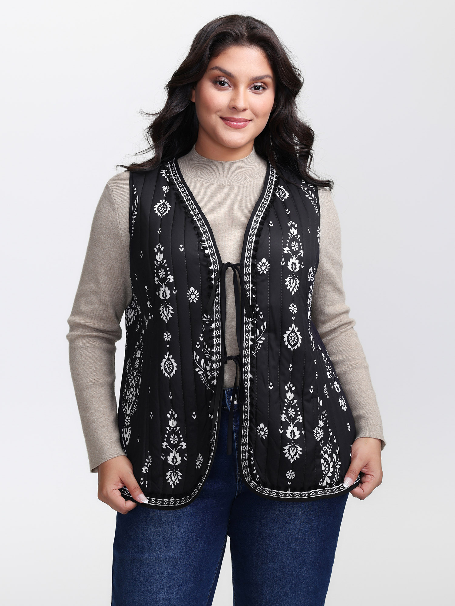 BloomChic Women's Plus Size Boho Print Double Front-Tie Vest Black Topstitching 12/L-image-47495597457578