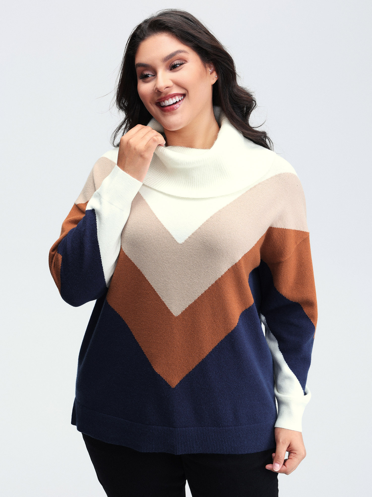 BloomChic Women's Plus Size Color Block Cowl Neck Knit Pullover Indigo Long Sleeve 10/M