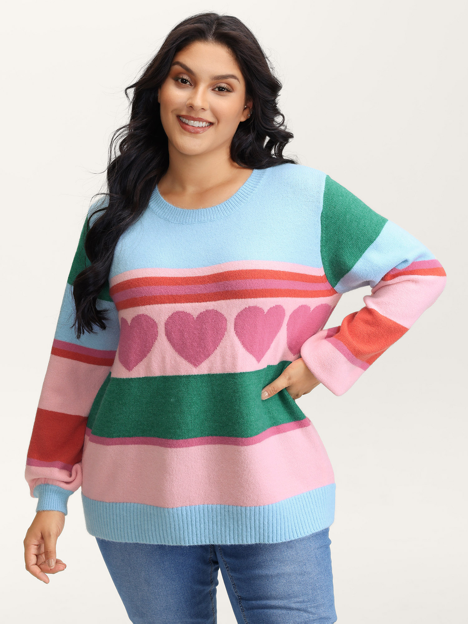 BloomChic Women's Plus Size Heart Striped Print Jacquard Colorful Pullover LightBlue Long Sleeve 10/M