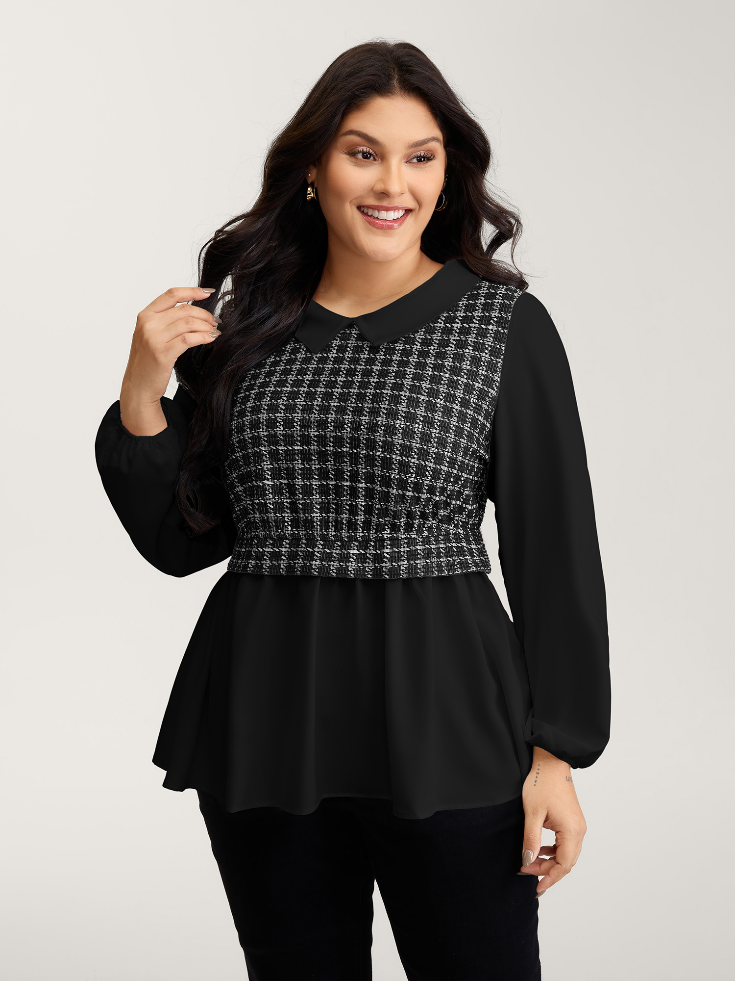 Bloomchic Houndstooth Pattern Color Contrast Blouse In Black