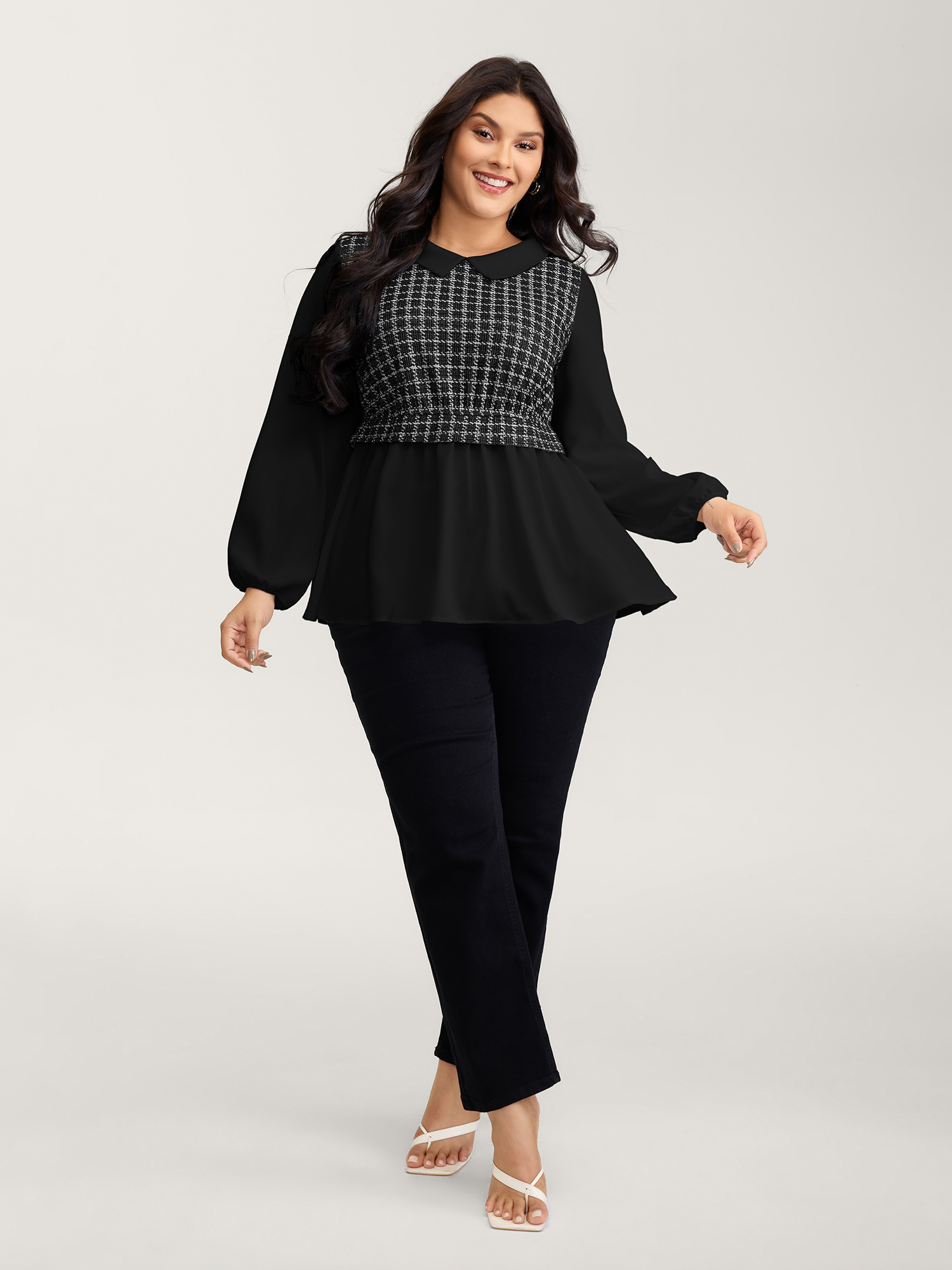 Side view of BloomChic Women's Plus Size Houndstooth Pattern Color Contrast Blouse Black Plaid Elegant Long Sleeve Peter Pan Collar 10/M