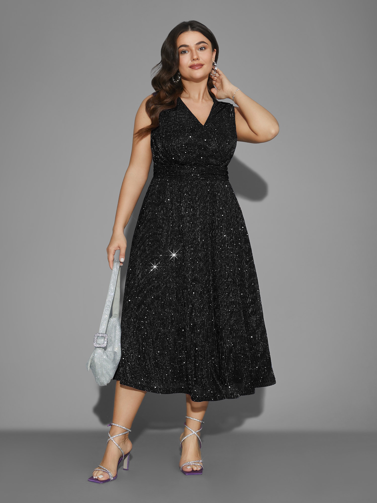 Side view of BloomChic Women's Plus Size Sequin Surplice Neckline Sleeveless Midi Dress Black Party Midi Sequin V-Neck 18-20/2X