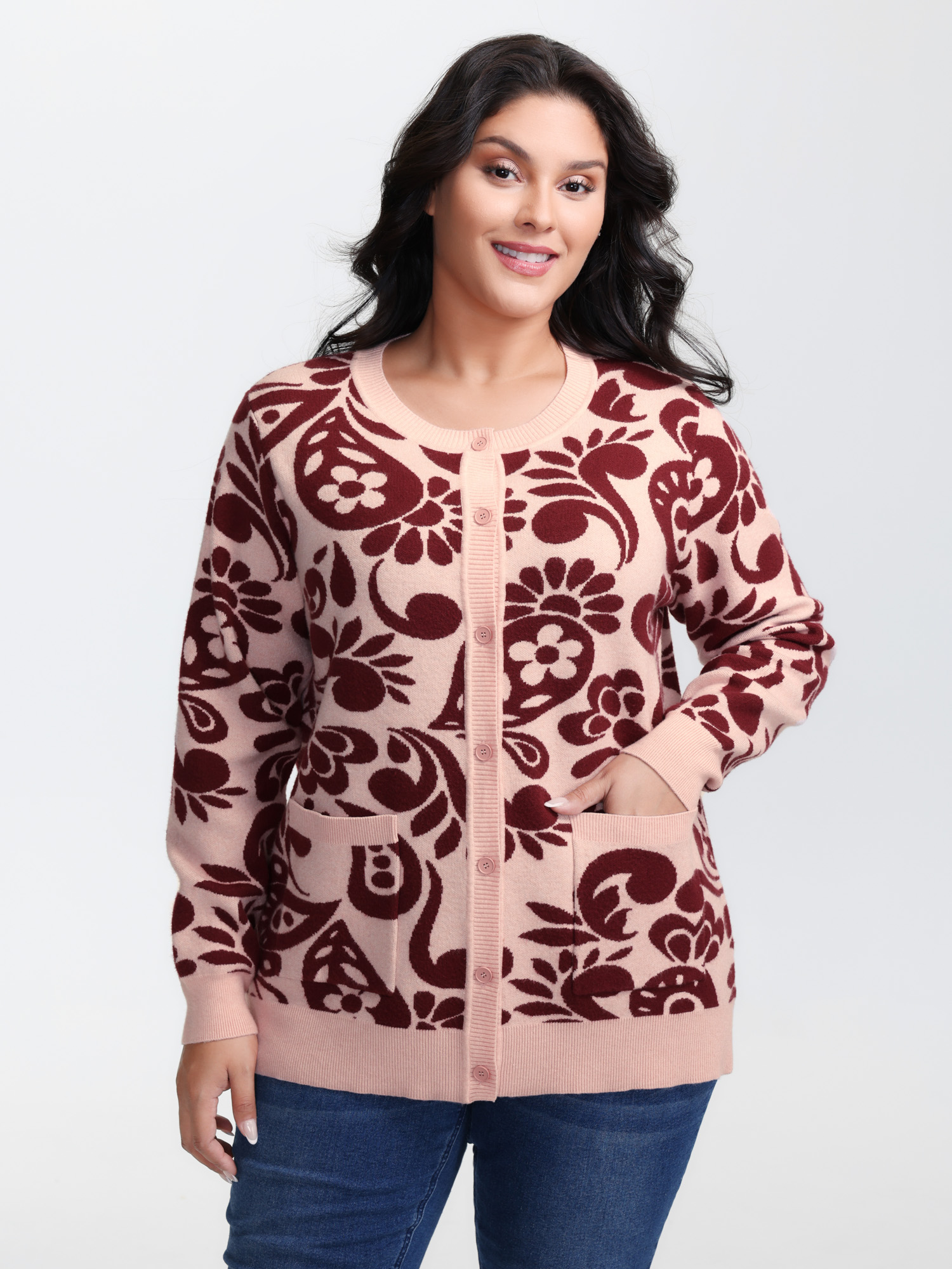 BloomChic Women's Plus Size Jacquard Floral Print Button Knit Cardigan MistyRose Long Sleeve 10/M