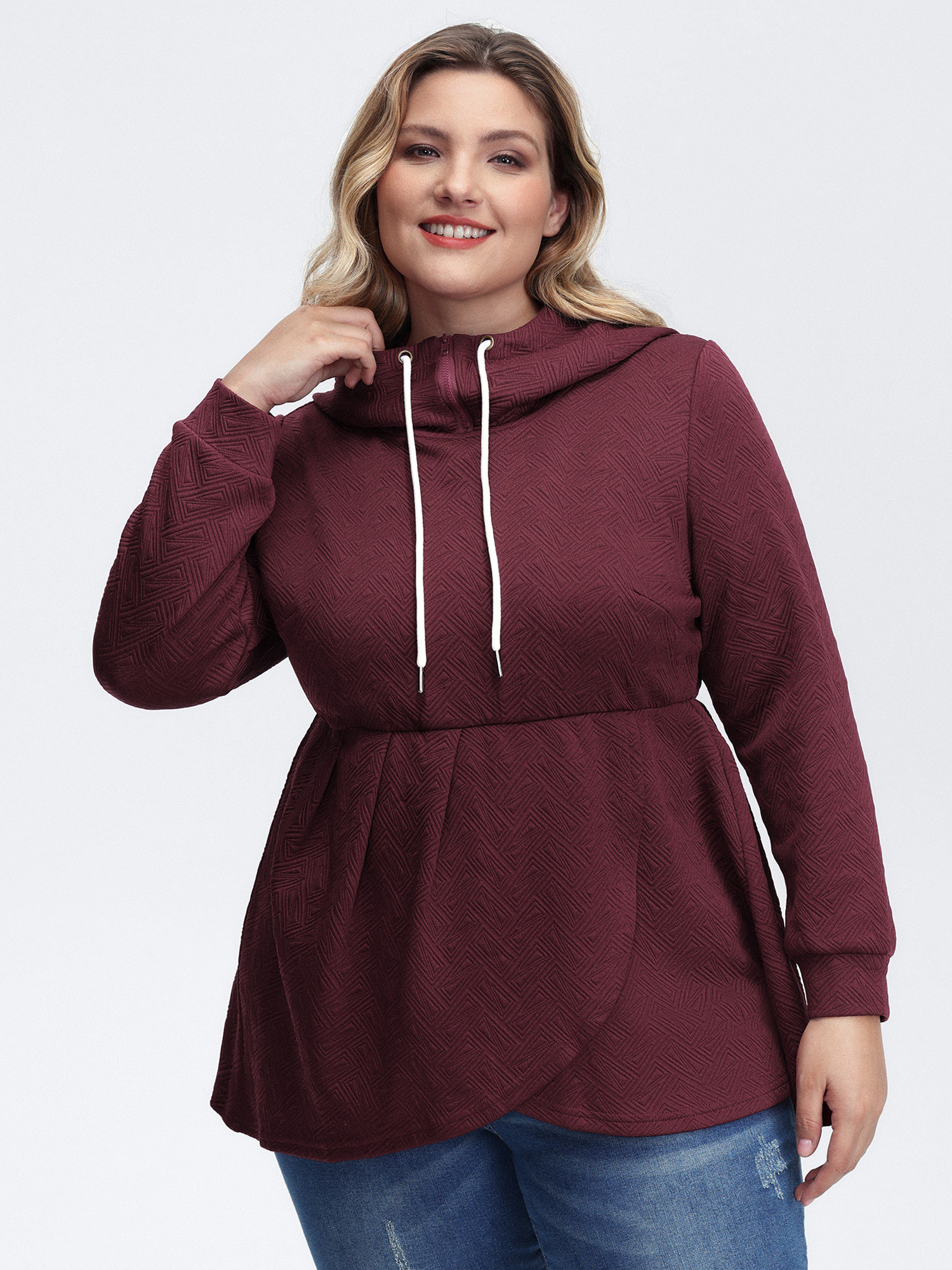BloomChic Women's Plus Size Textured Drawstring Overlap Hem Hooded Sweatshirt Deepred Everyday-Casual 12/L