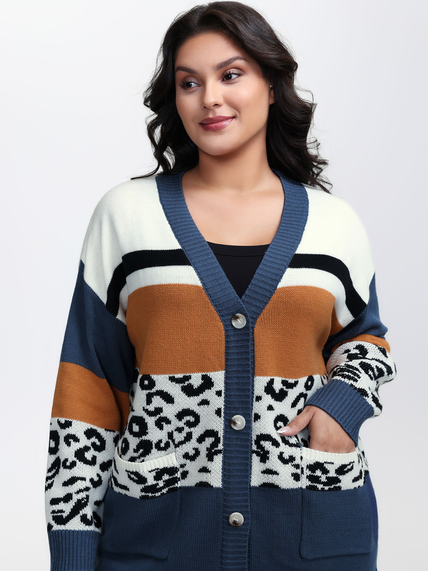 BloomChic Women's Plus Size Stripe Color Block Leopard Knit Cardigan Aegean Long Sleeve 10/M