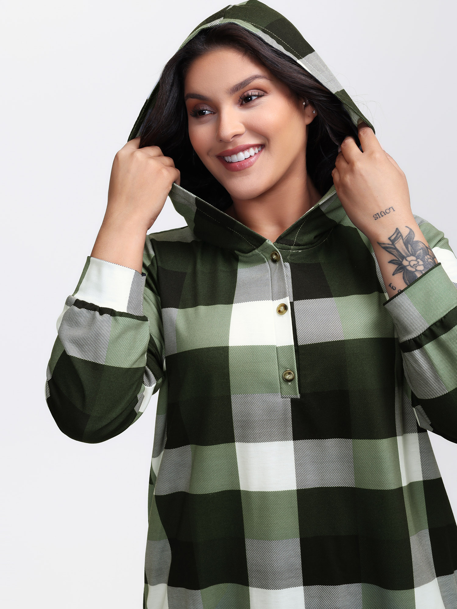 BloomChic Women's Plus Size Checkered Print Button Hoodie Multicolor Everyday-Casual 22-24/3X