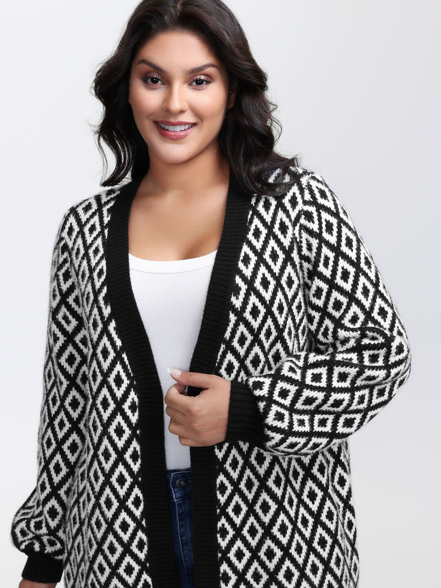BloomChic Women's Plus Size Mink Jacquard Diamond Pattern Knit Cardigan Black Long Sleeve 10/M
