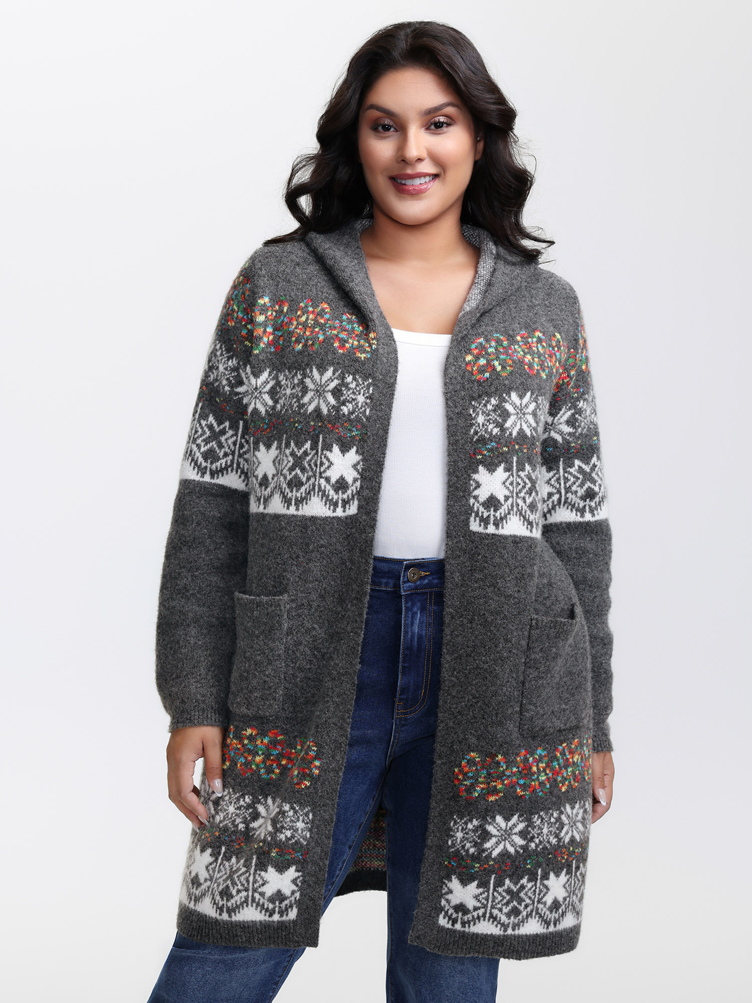 BloomChic Women's Plus Size Boho Print Jacquard Hooded Knit Cardigan DimGray Long Sleeve Hooded Neck 26/4X