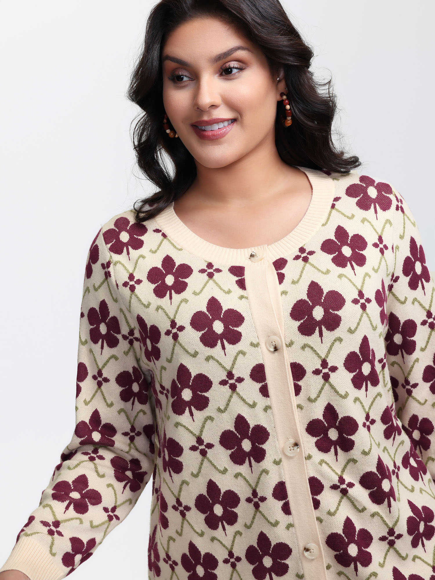 BloomChic Women's Plus Size Floral Jacquard Button Knit Cardigan Ivory Long Sleeve 10/M
