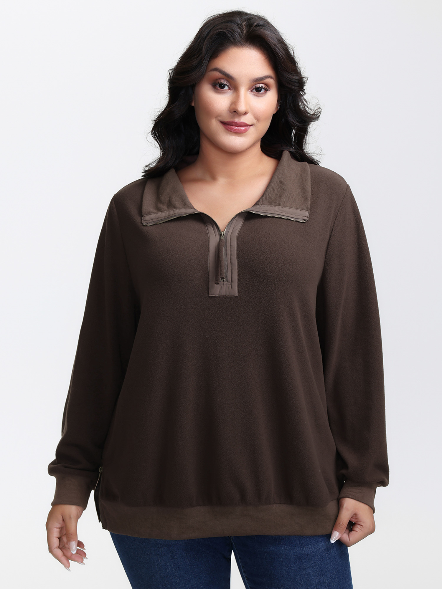 BloomChic Women's Plus Size Mixed Material Spliced Collar Sweatshirt DarkBrown Everyday-Casual 18-20/2X