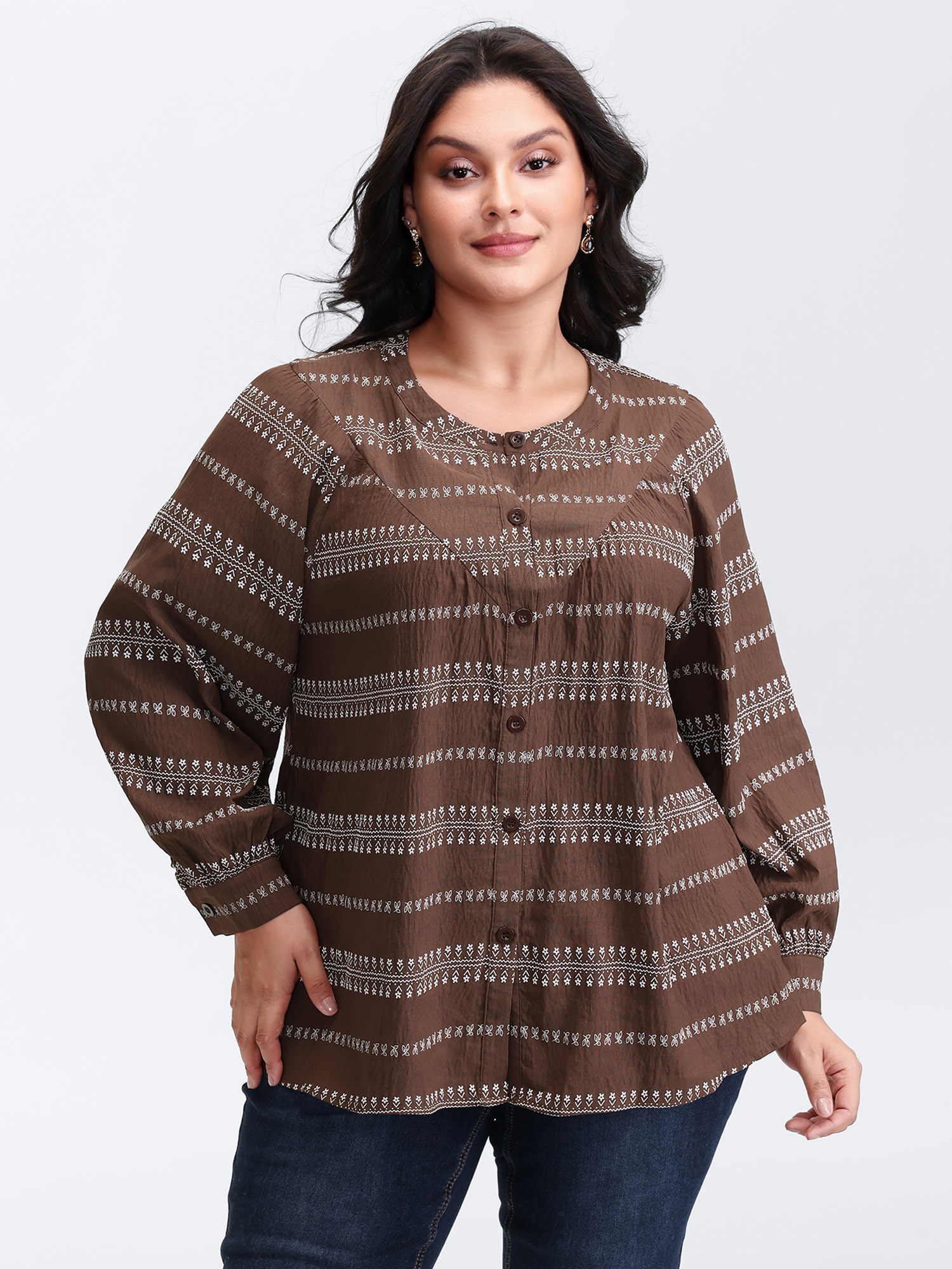 BloomChic Women's Plus Size Floral Print Button-Front Blouse Browncoffeecolor Geometric Vacation Extra Long Sleeve 10/M